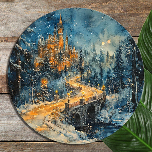 Christmas Winter Castle Glass Cutting Board 8-inch Round Trivet Charcuterie Board Gift for Her Mom Kitchen Decor