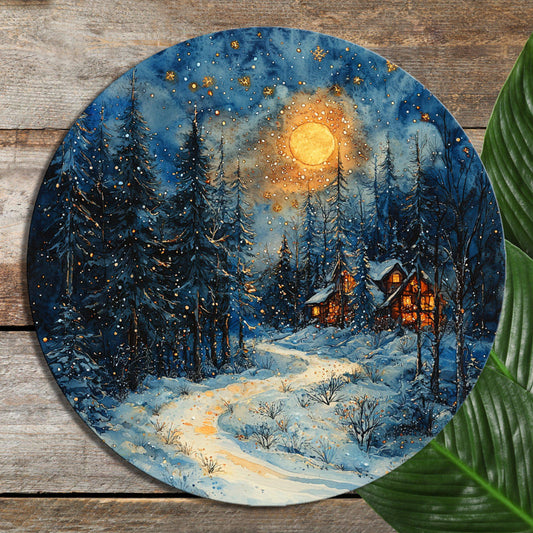 Cozy Christmas Cabin Glass Cutting Board 8-inch Round Trivet Charcuterie Board Gift for Her Mom Kitchen Decor