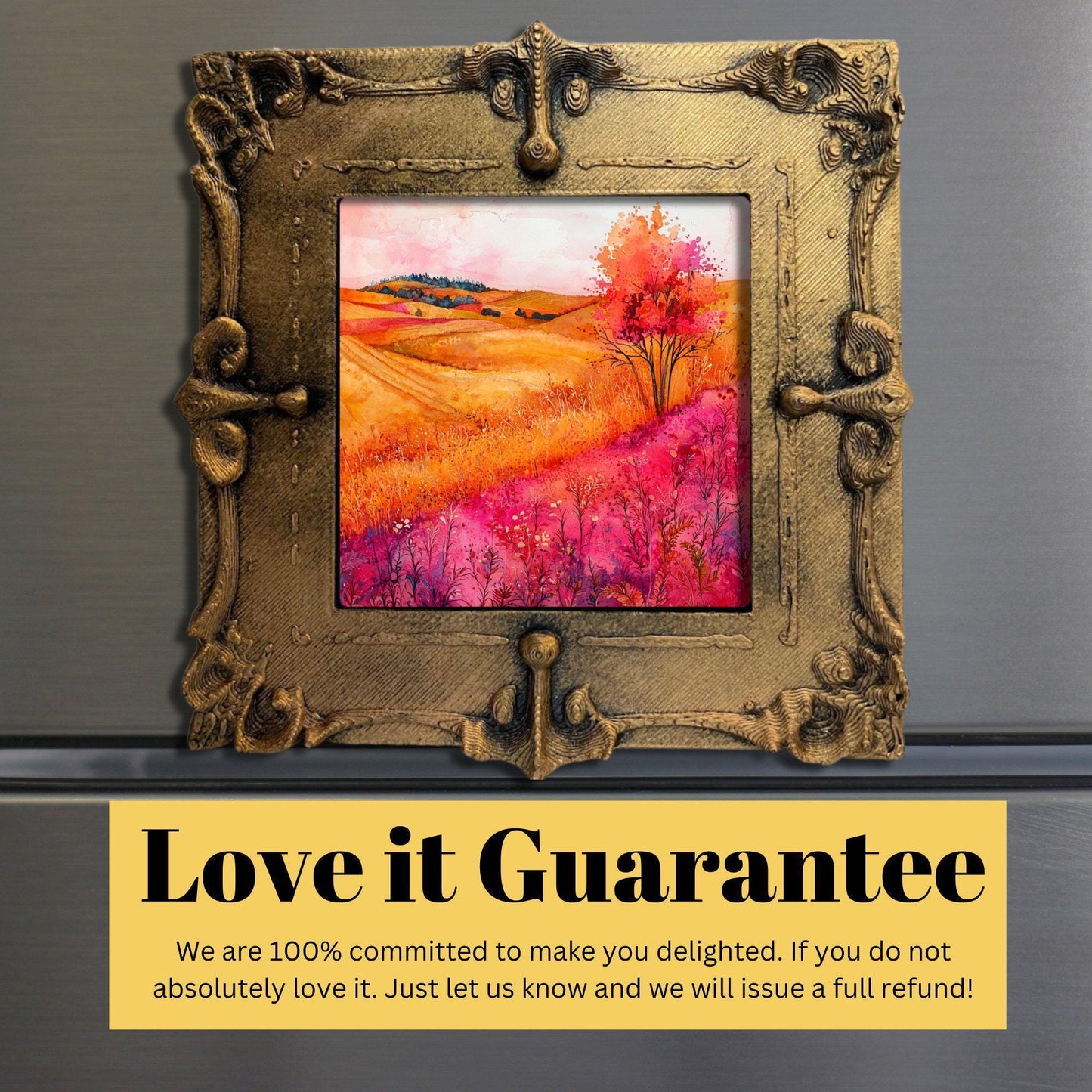 Fall in Pink and Orange Gold Framed Refrigerator Magnet, Mini Art, Grand Millennial Style, Artful Kitchen Decor, Gift for Her fridgescaping