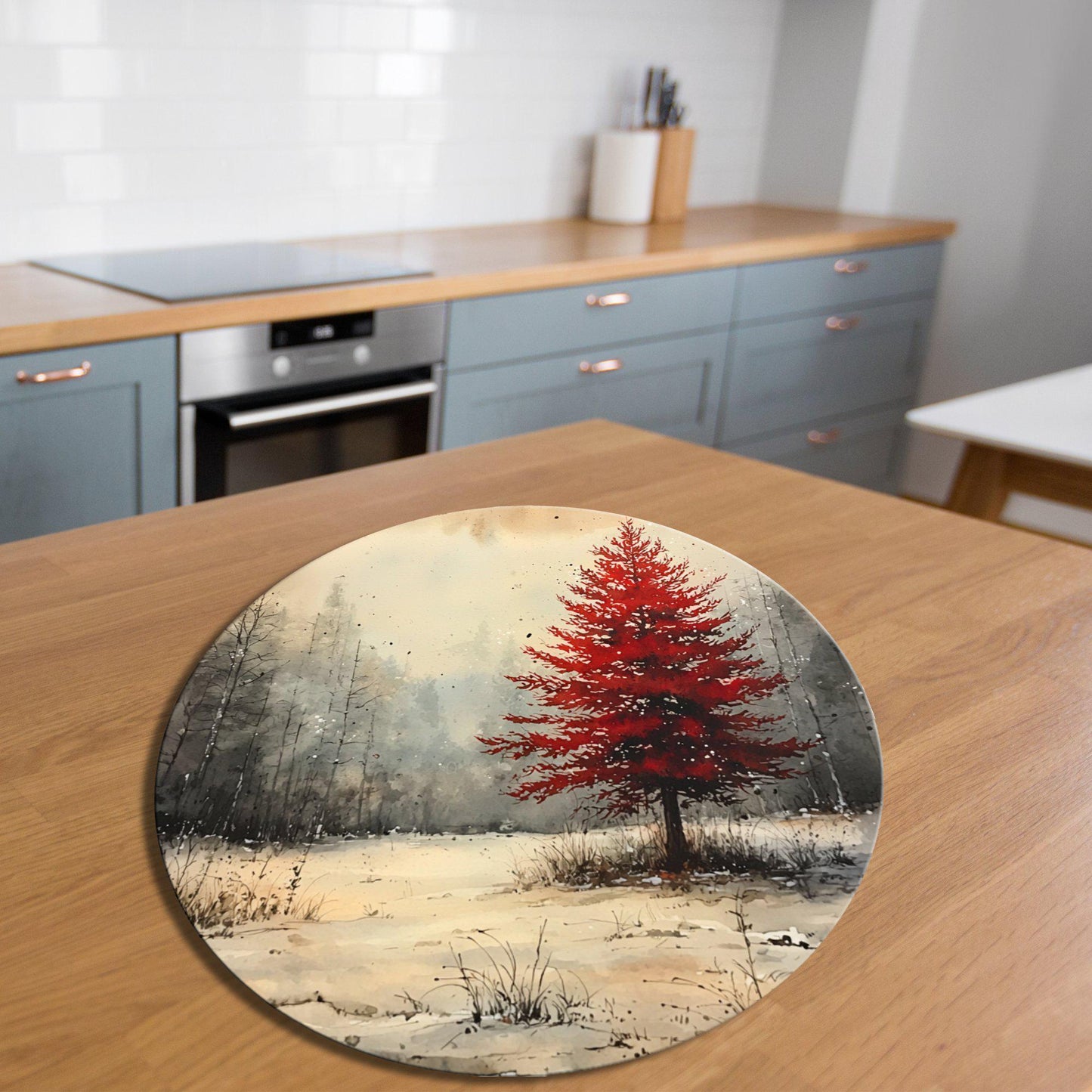 Red Christmas Tree Glass Cutting Board 8-inch Round Trivet Charcuterie Board Gift for Her Mom Kitchen Decor