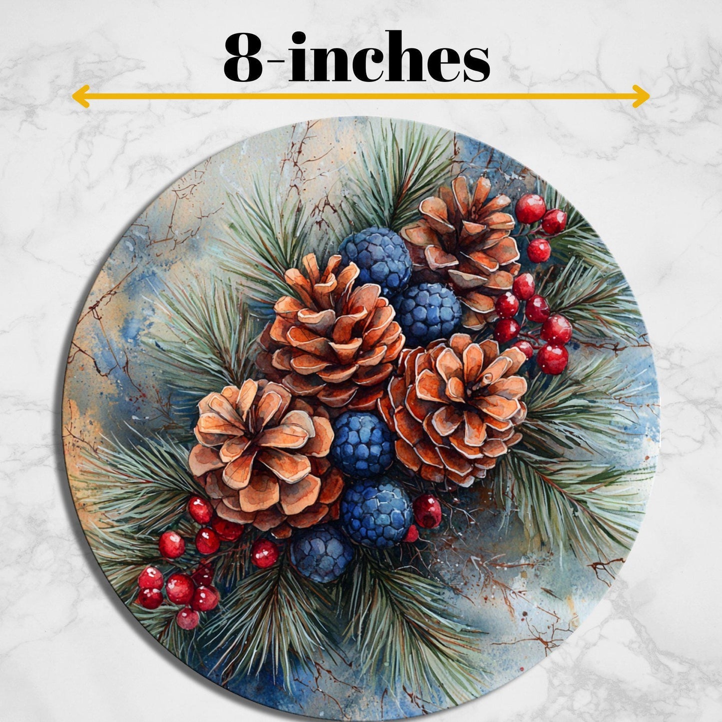 Pinecones Berries Glass Cutting Board 8-inch Round Trivet Charcuterie Board Gift for Her Mom Kitchen Decor