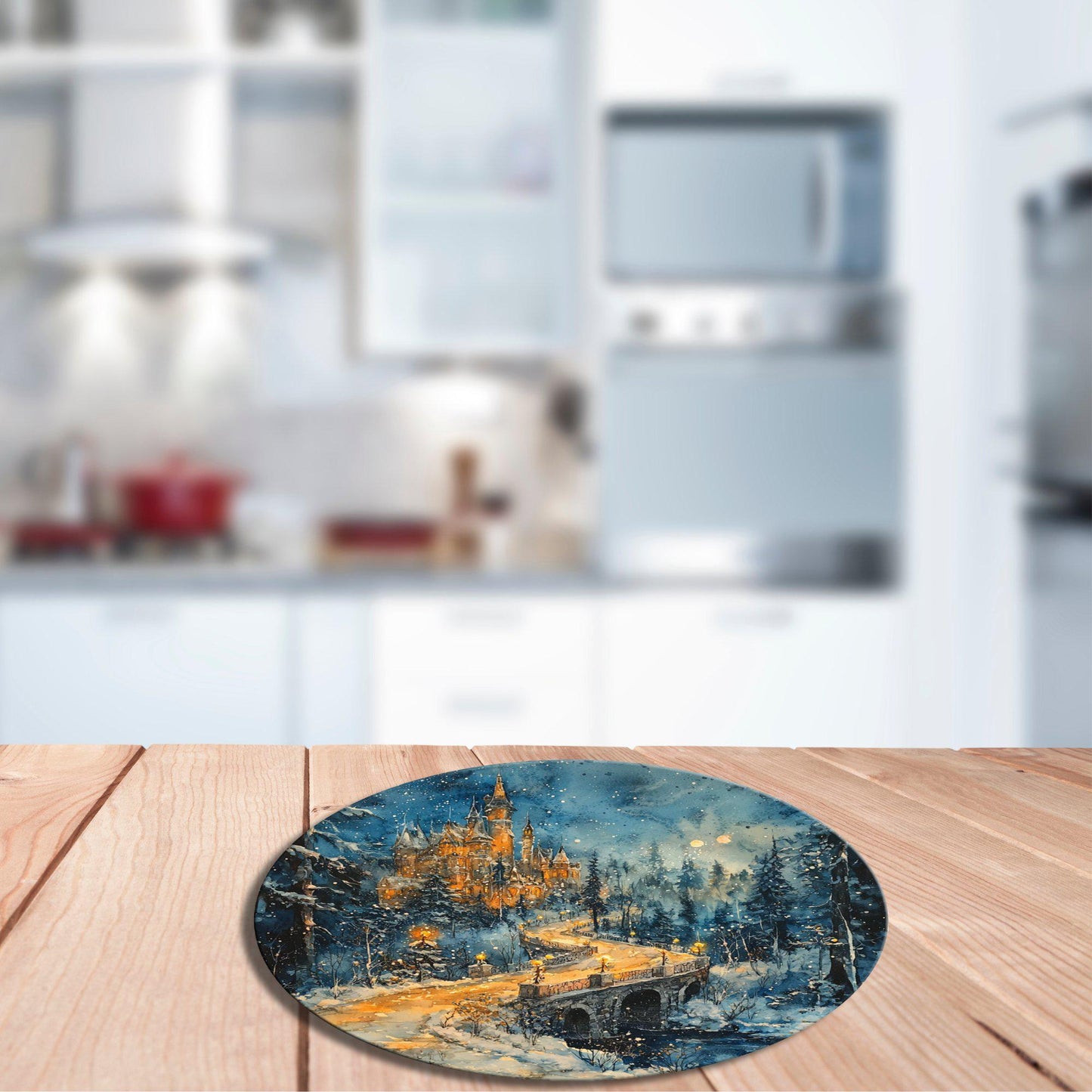 Christmas Winter Castle Glass Cutting Board 8-inch Round Trivet Charcuterie Board Gift for Her Mom Kitchen Decor