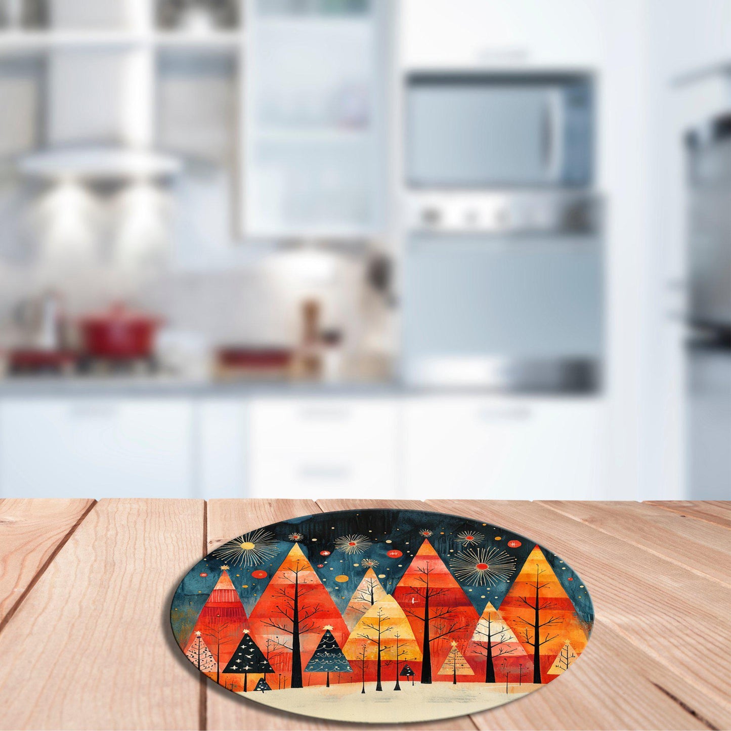 Scandinavian Christmas Trees Glass Cutting Board 8-inch Round Trivet Charcuterie Board Gift for Her Mom Kitchen Decor