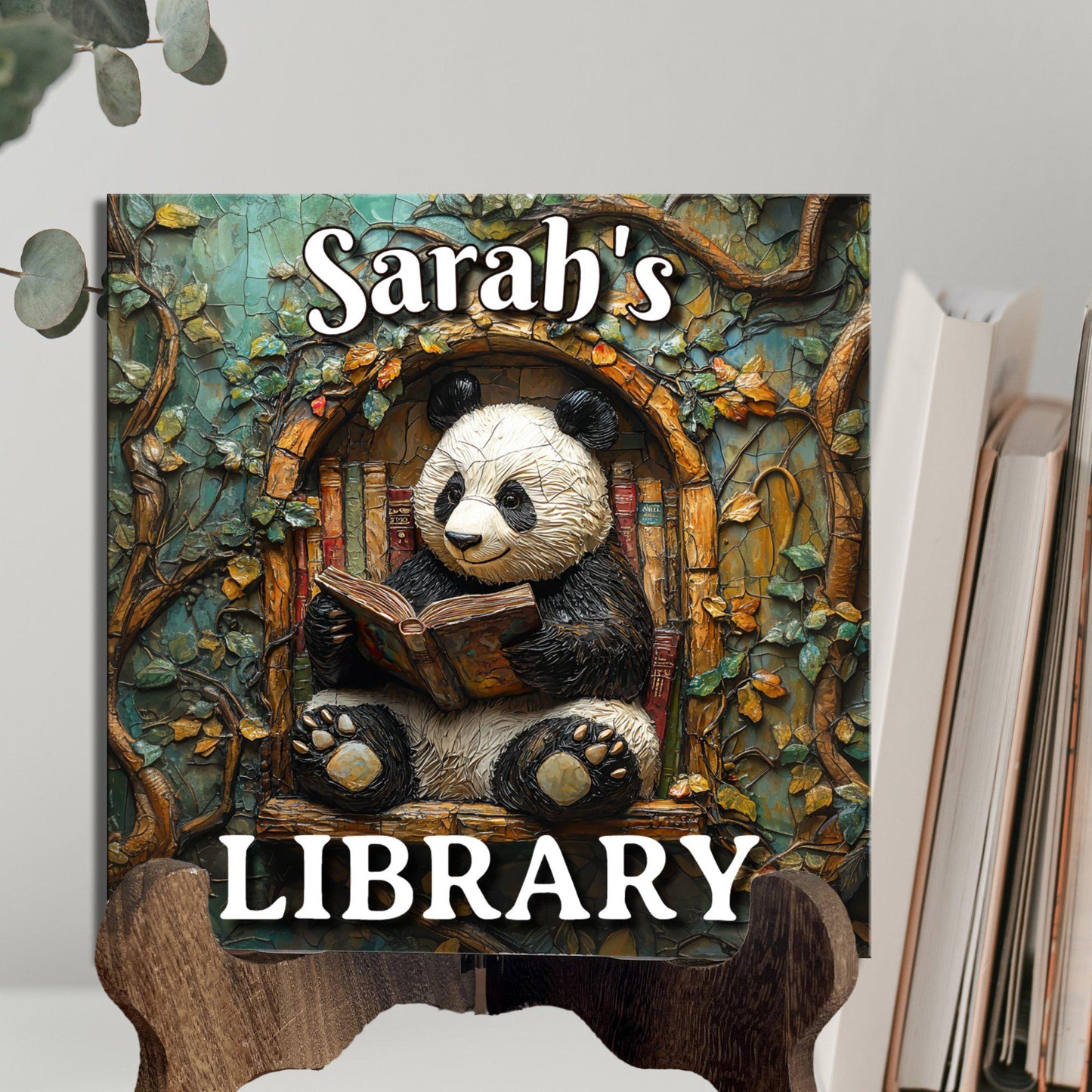 Panda Reading Personalized Library Sign Book Lover Bookworm Biblio Gift Book Nook Shelf Decor Booktoker-Gift for Bookish