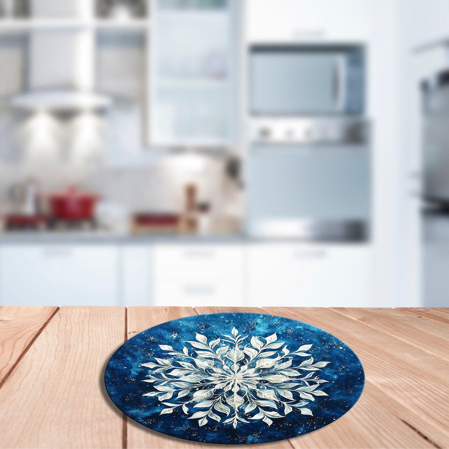 Snowflake on Blue Glass Cutting Board 8-inch Round Trivet Charcuterie Board Gift for Her Mom Kitchen Decor