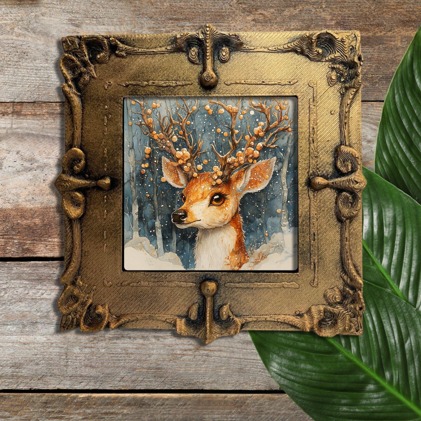 Reindeer Christmas Tiny Art Fridge Magnet Gold Framed Fridgescaping Art Picture Gallery Tiny Art Gift for Her Wife Mom