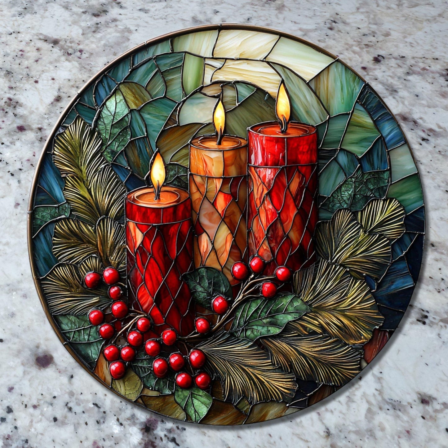 Christmas Candles Glass Cutting Board 8-inch Round Trivet Charcuterie Board Gift for Her Mom Kitchen Decor