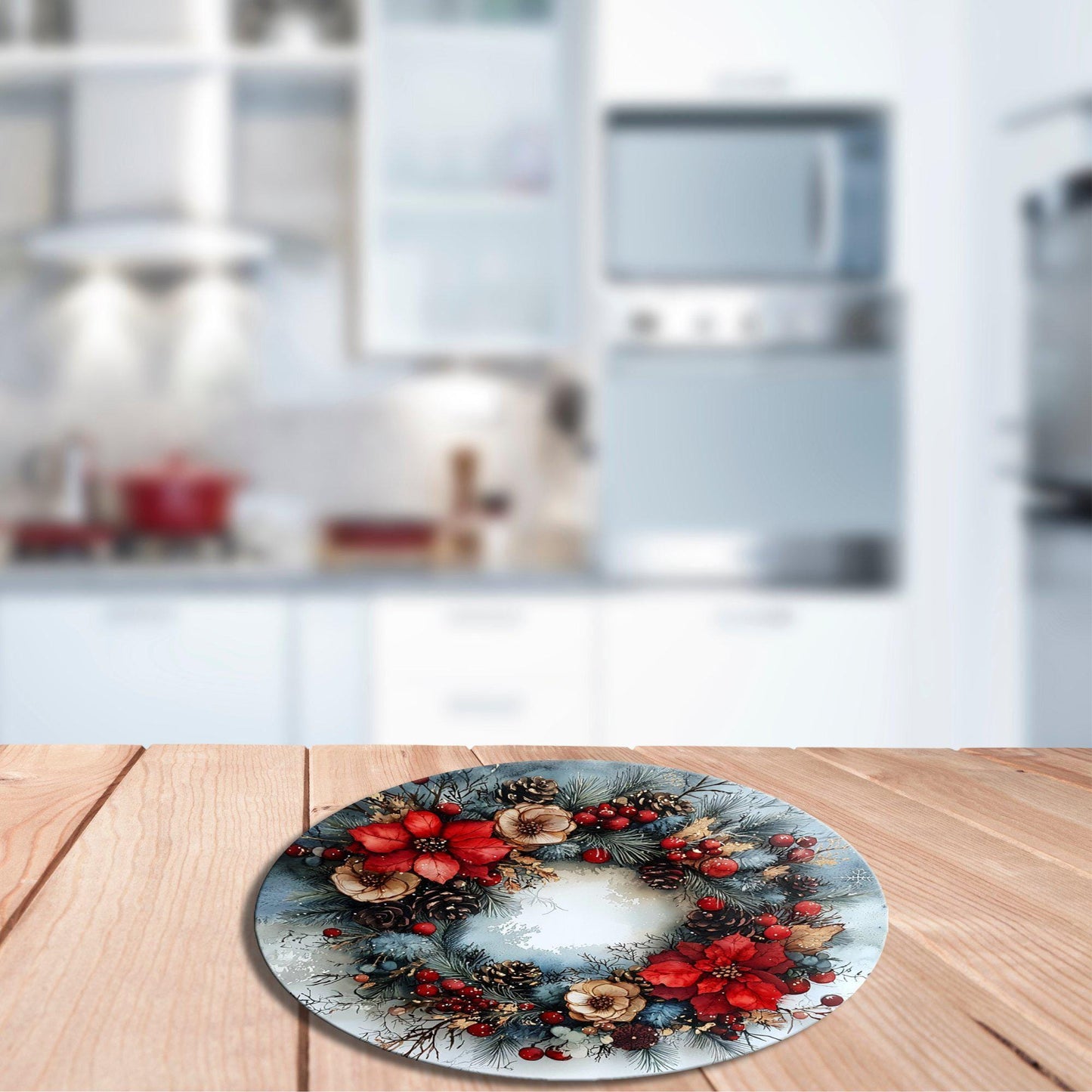 Winter Wreath Glass Cutting Board 8-inch Round Trivet Charcuterie Board Gift for Her Mom Kitchen Decor