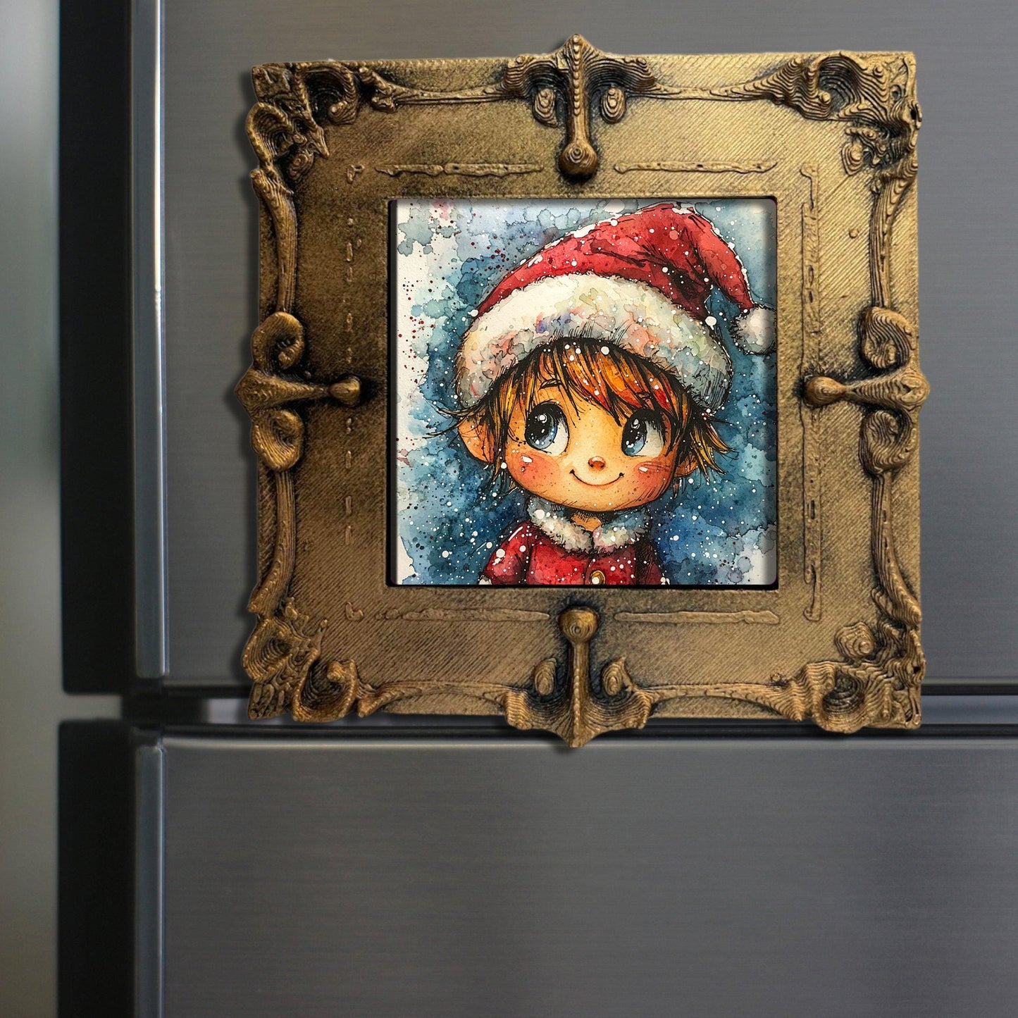 Kawaii Style Elf Tiny Art Fridge Magnet Gold Framed Fridgescaping Art Picture Gallery Tiny Art Gift for Her Wife Mom