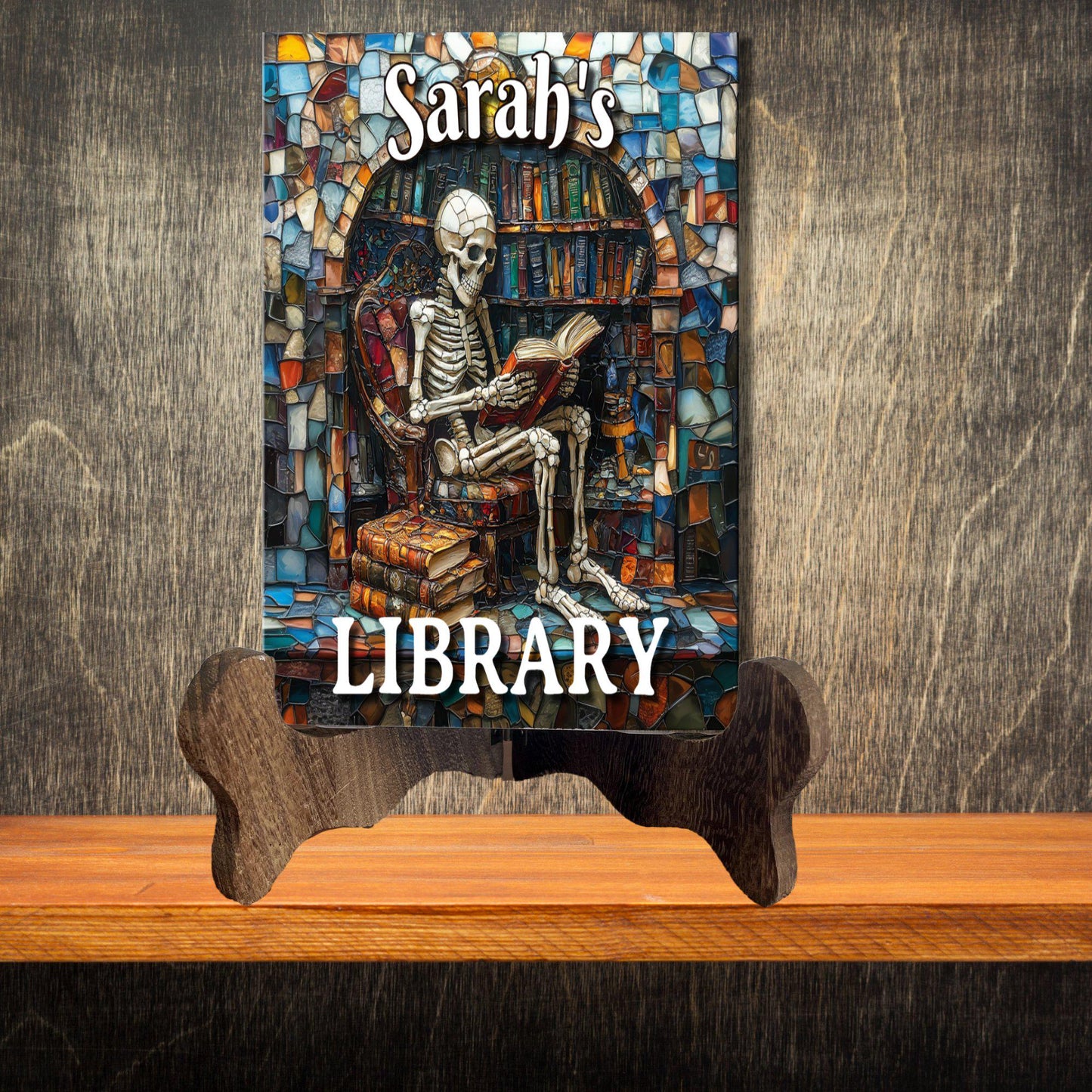 Skeleton Reading Personalized Library Sign Book Lover Bookworm Biblio Gift Book Nook Shelf Decor Booktoker-Gift for Bookish