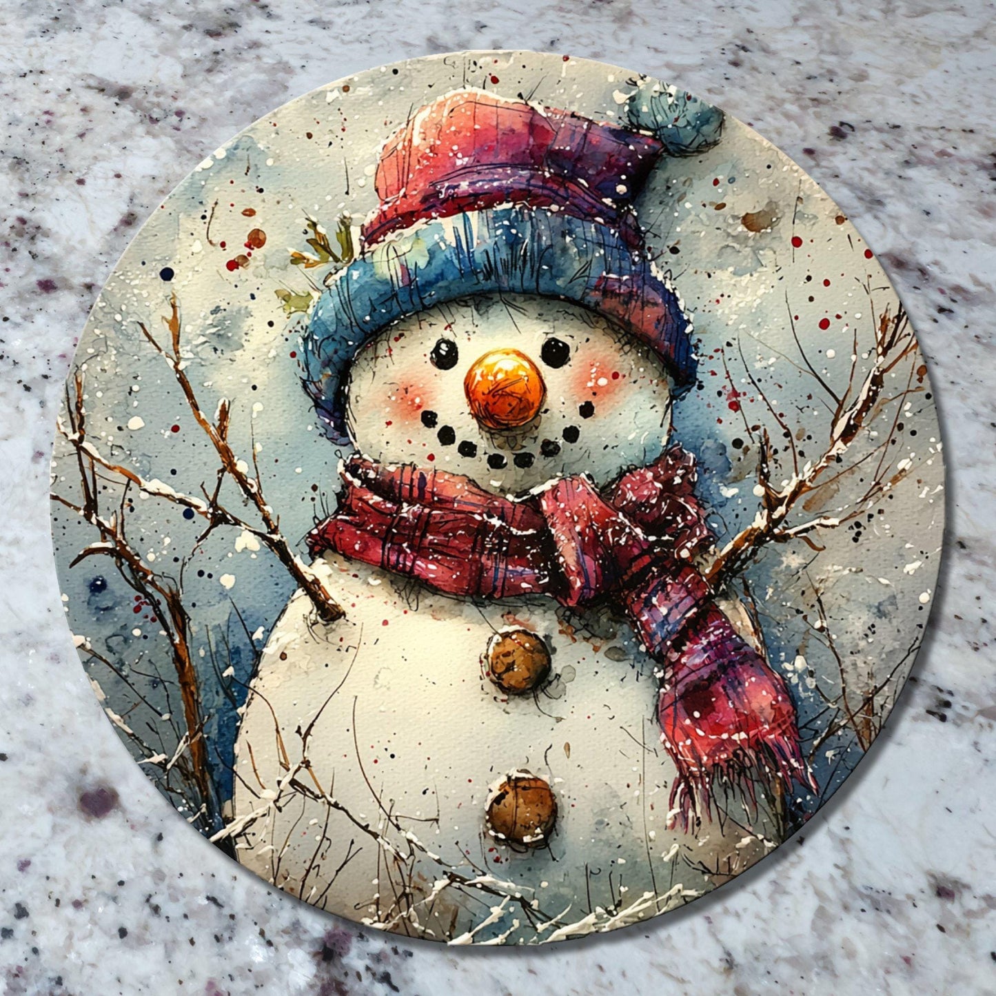 Snow Man Glass Cutting Board 8-inch Round Trivet Charcuterie Board Gift for Her Mom Kitchen Decor