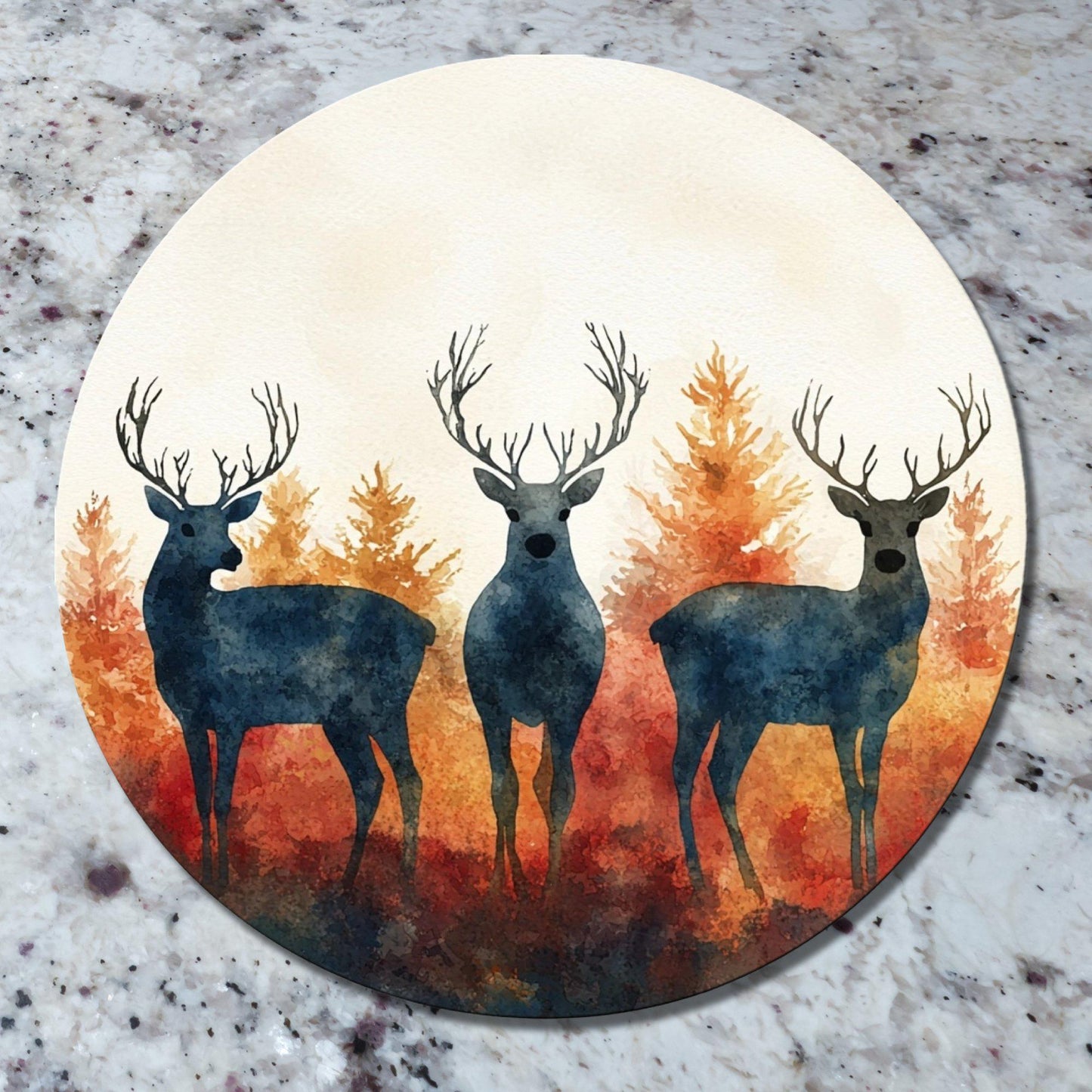 Nordic Deer in Blue and Orange Glass Cutting Board 8-inch Round Trivet Charcuterie Board Gift for Her Mom Kitchen Decor