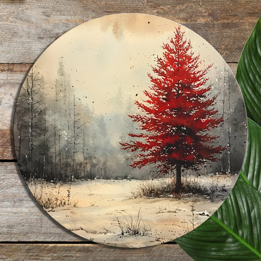 Red Christmas Tree Glass Cutting Board 8-inch Round Trivet Charcuterie Board Gift for Her Mom Kitchen Decor