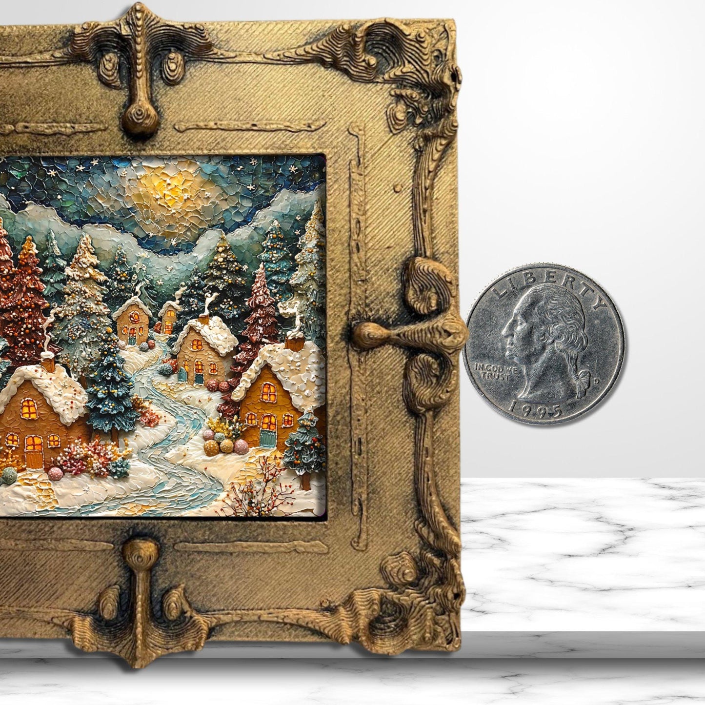 Gingerbread Village Tiny Art Fridge Magnet Gold Framed Fridgescaping Art Picture Gallery Tiny Art Gift for Her Wife Mom