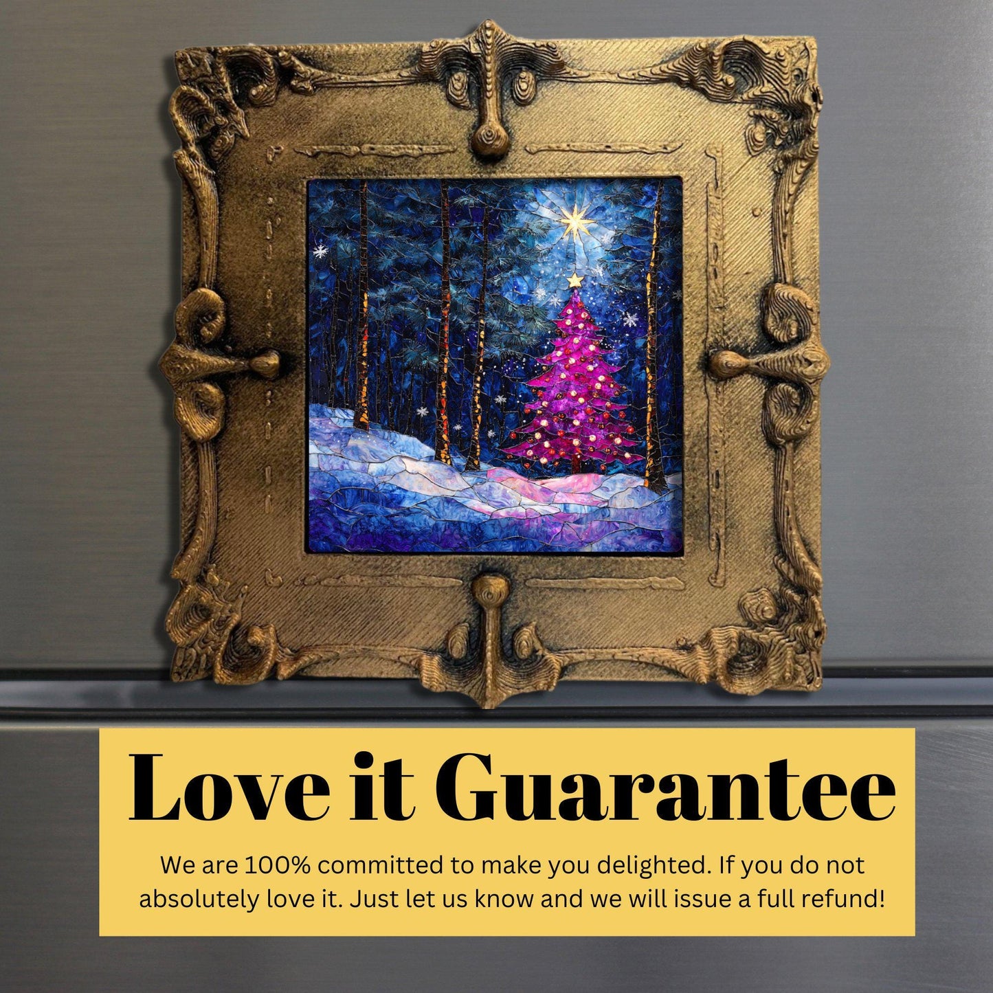 Pink Peaceful Christmas Tree Tiny Art Fridge Magnet Gold Framed Fridgescaping Art Picture Gallery Tiny Art Gift for Her Wife Mom