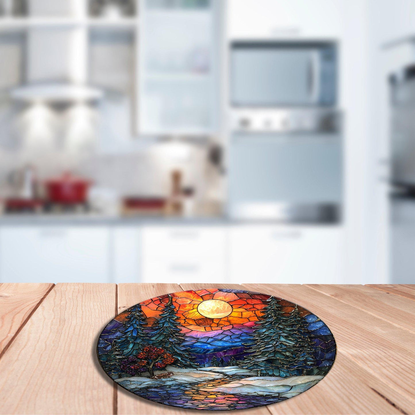 Winter Stream and Woods Glass Cutting Board 8-inch Round Trivet Charcuterie Board Gift for Her Mom Kitchen Decor