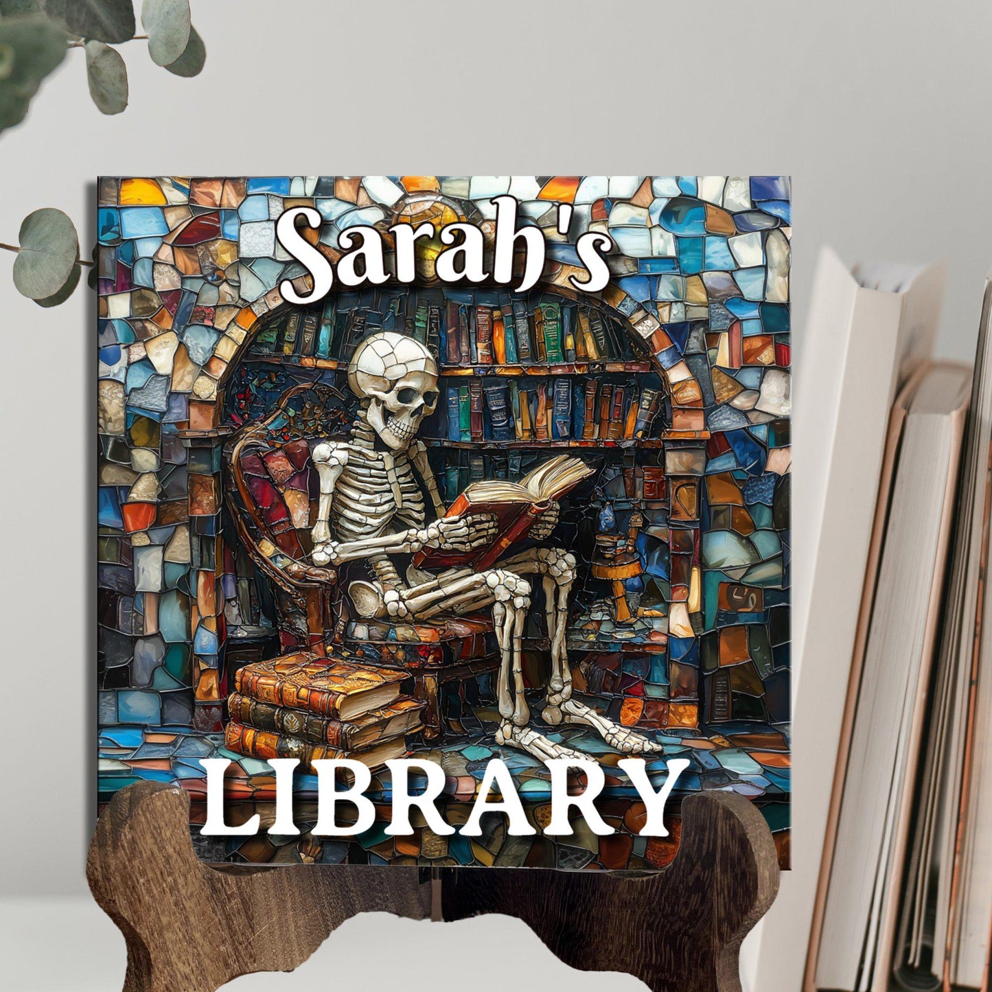 Skeleton Reading Personalized Library Sign Book Lover Bookworm Biblio Gift Book Nook Shelf Decor Booktoker-Gift for Bookish