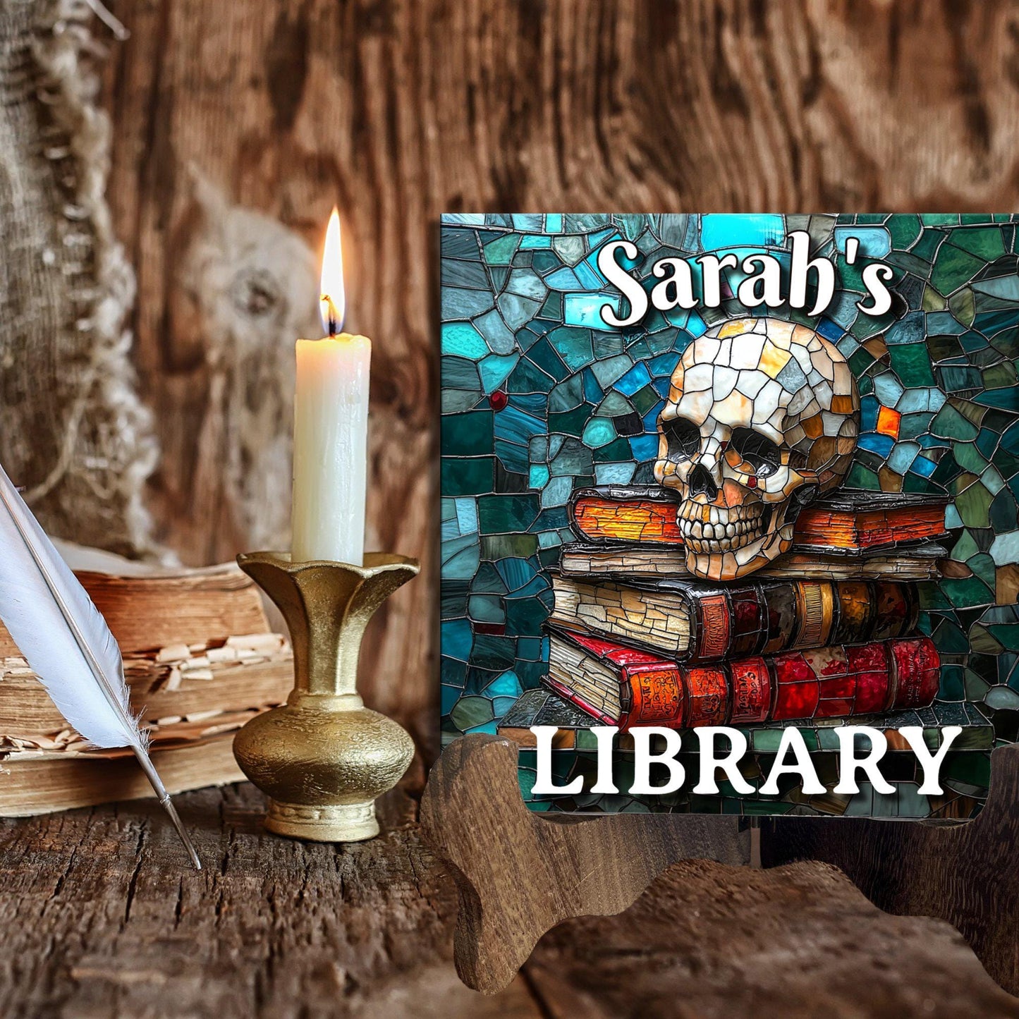 Skull Stack of Books Personalized Library Sign Customized Bookshelf Sign with Stand Book Lover Gift for Her Bestie