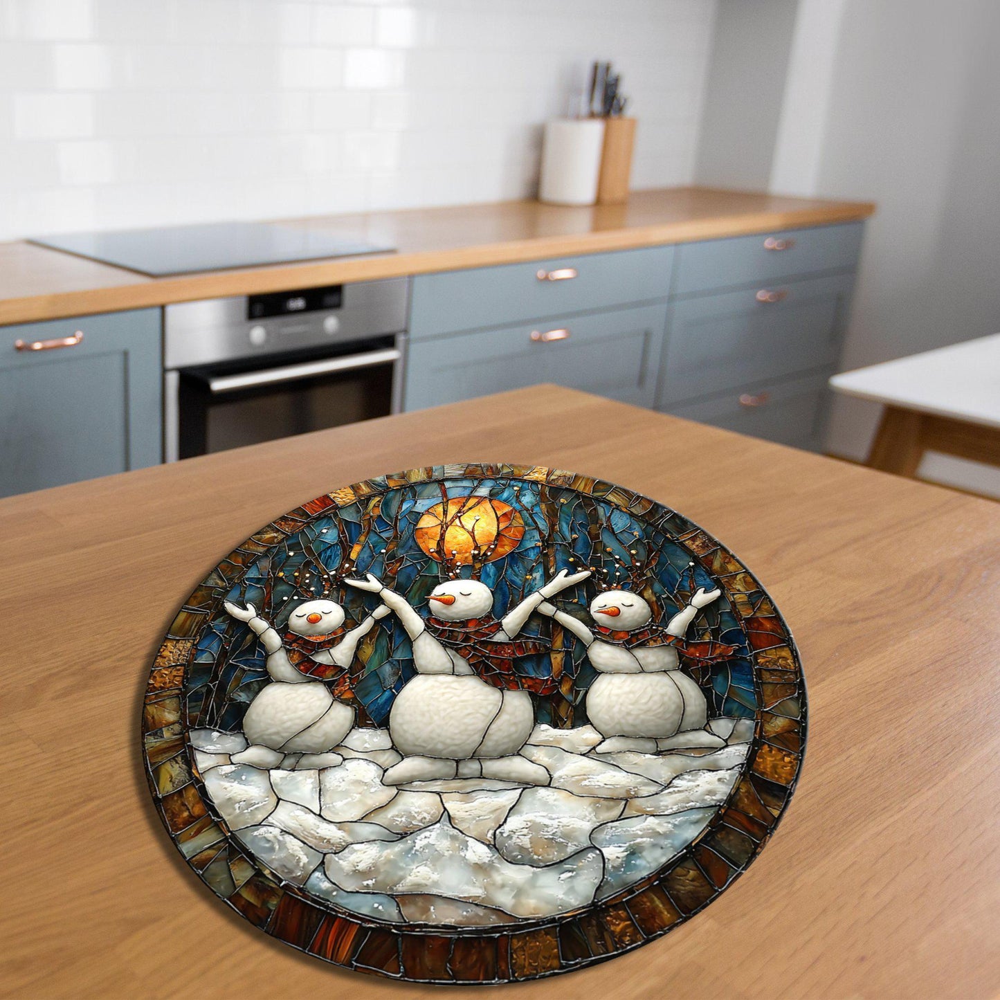 Snowman Yoga Class Glass Cutting Board 8-inch Round Trivet Charcuterie Board Gift for Her Mom Kitchen Decor