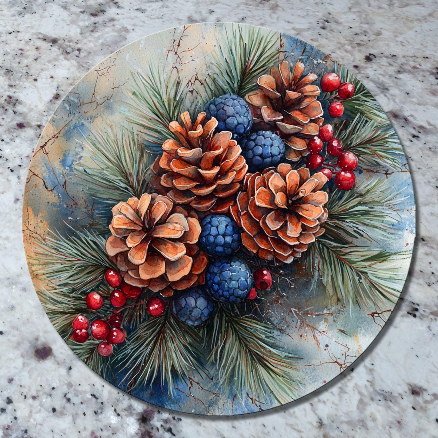 Pinecones Berries Glass Cutting Board 8-inch Round Trivet Charcuterie Board Gift for Her Mom Kitchen Decor