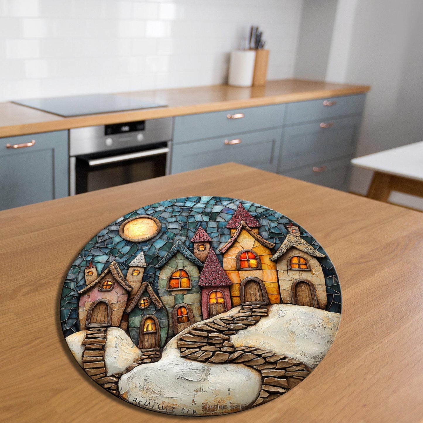 Christmas Village Glass Cutting Board 8-inch Round Trivet Charcuterie Board Gift for Her Mom Kitchen Decor