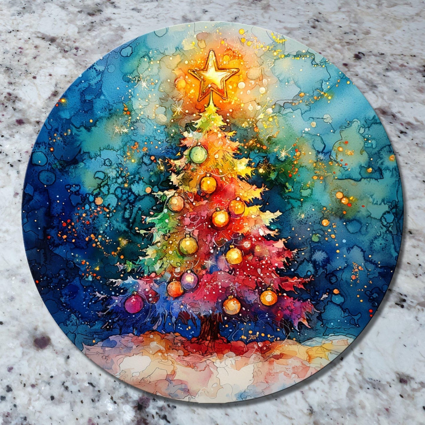 Kawaii Christmas Tree Glass Cutting Board 8-inch Round Trivet Charcuterie Board Gift for Her Mom Kitchen Decor