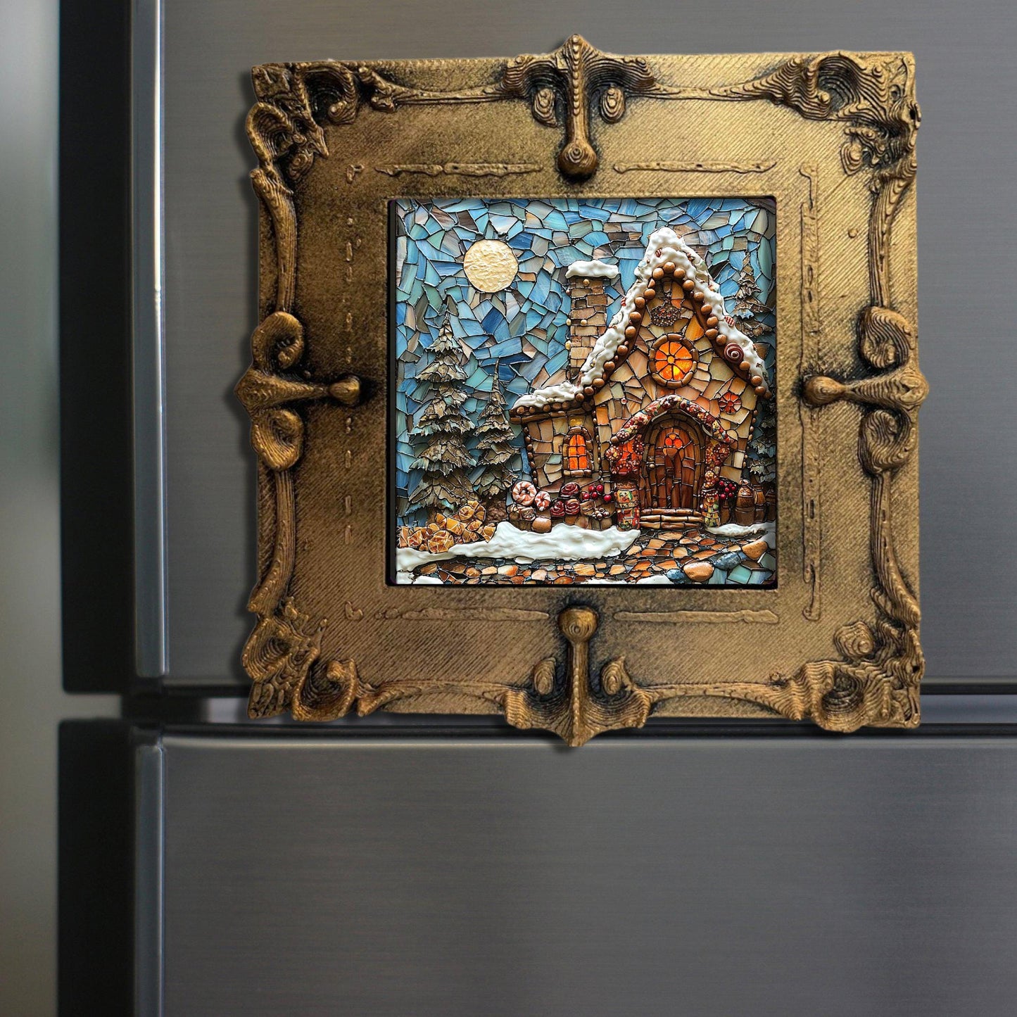 Gingerbread Stained Glass Tiny Art Fridge Magnet Gold Framed Fridgescaping Art Picture Gallery Tiny Art Gift for Her Wife Mom