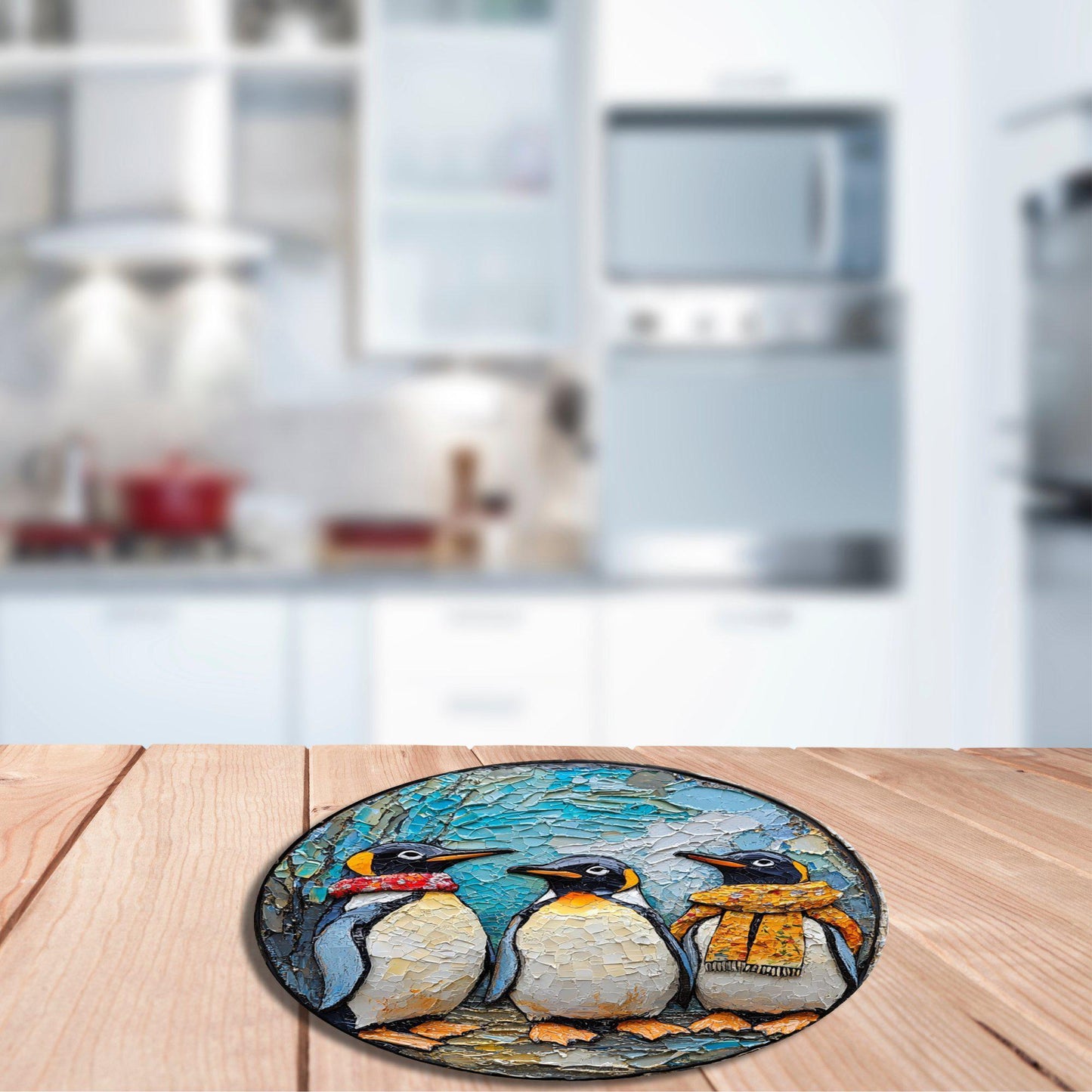 Penguins Ready for Christmas Glass Cutting Board 8-inch Round Trivet Charcuterie Board Gift for Her Mom Kitchen Decor