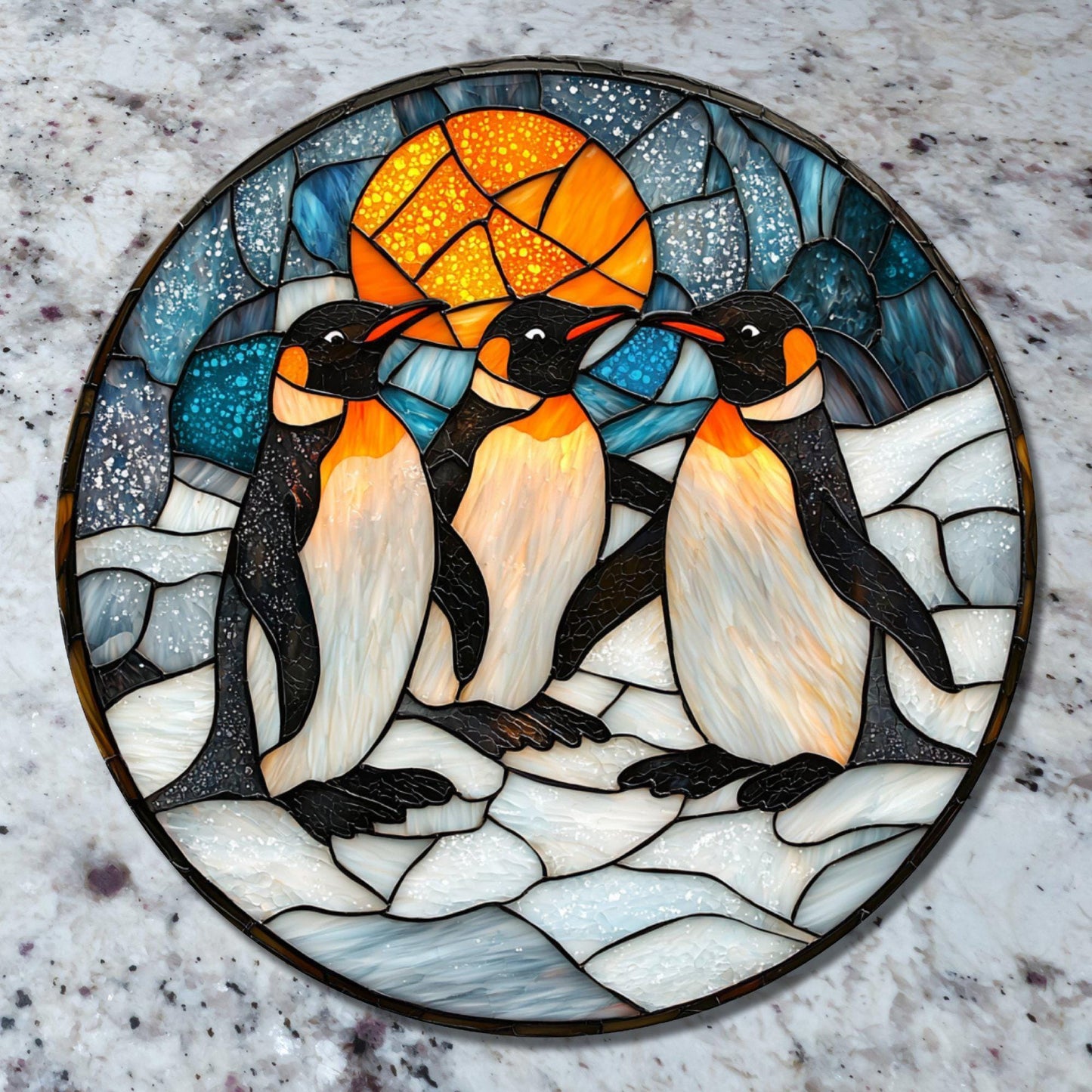 Penguins at Play Glass Cutting Board 8-inch Round Trivet Charcuterie Board Gift for Her Mom Kitchen Decor