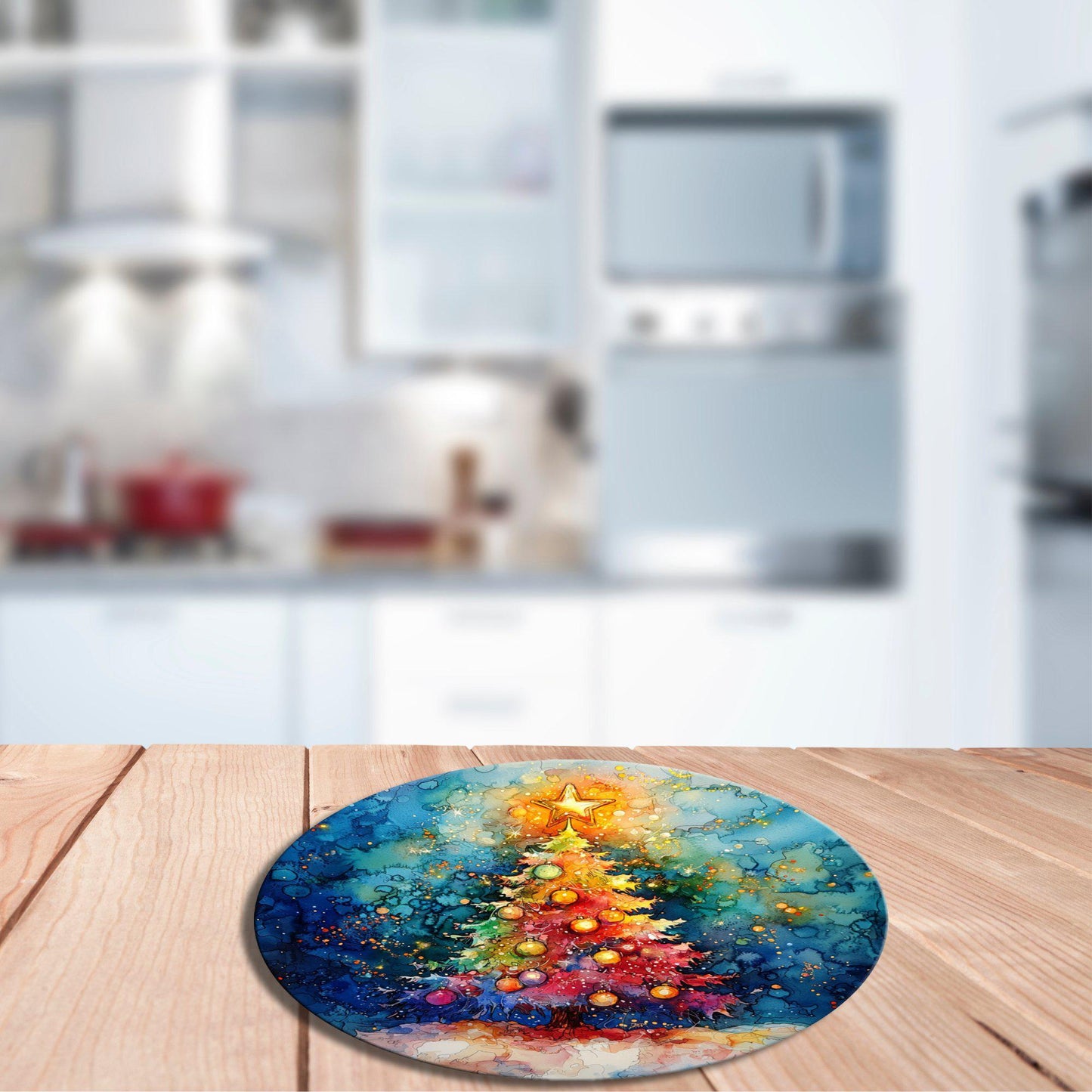 Kawaii Christmas Tree Glass Cutting Board 8-inch Round Trivet Charcuterie Board Gift for Her Mom Kitchen Decor