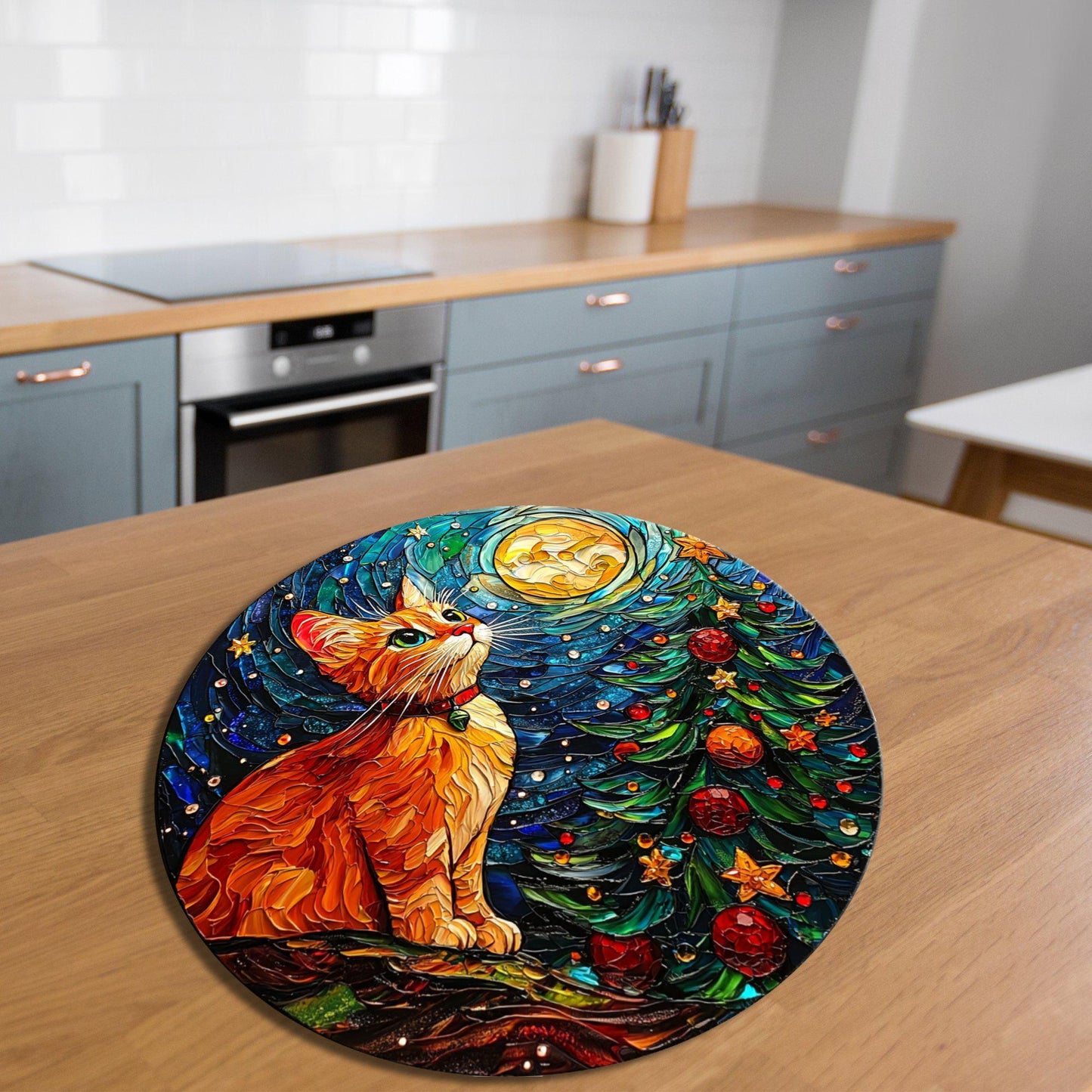 Kitten and Christmas Tree Glass Cutting Board 8-inch Round Trivet Charcuterie Board Gift for Her Mom Kitchen Decor