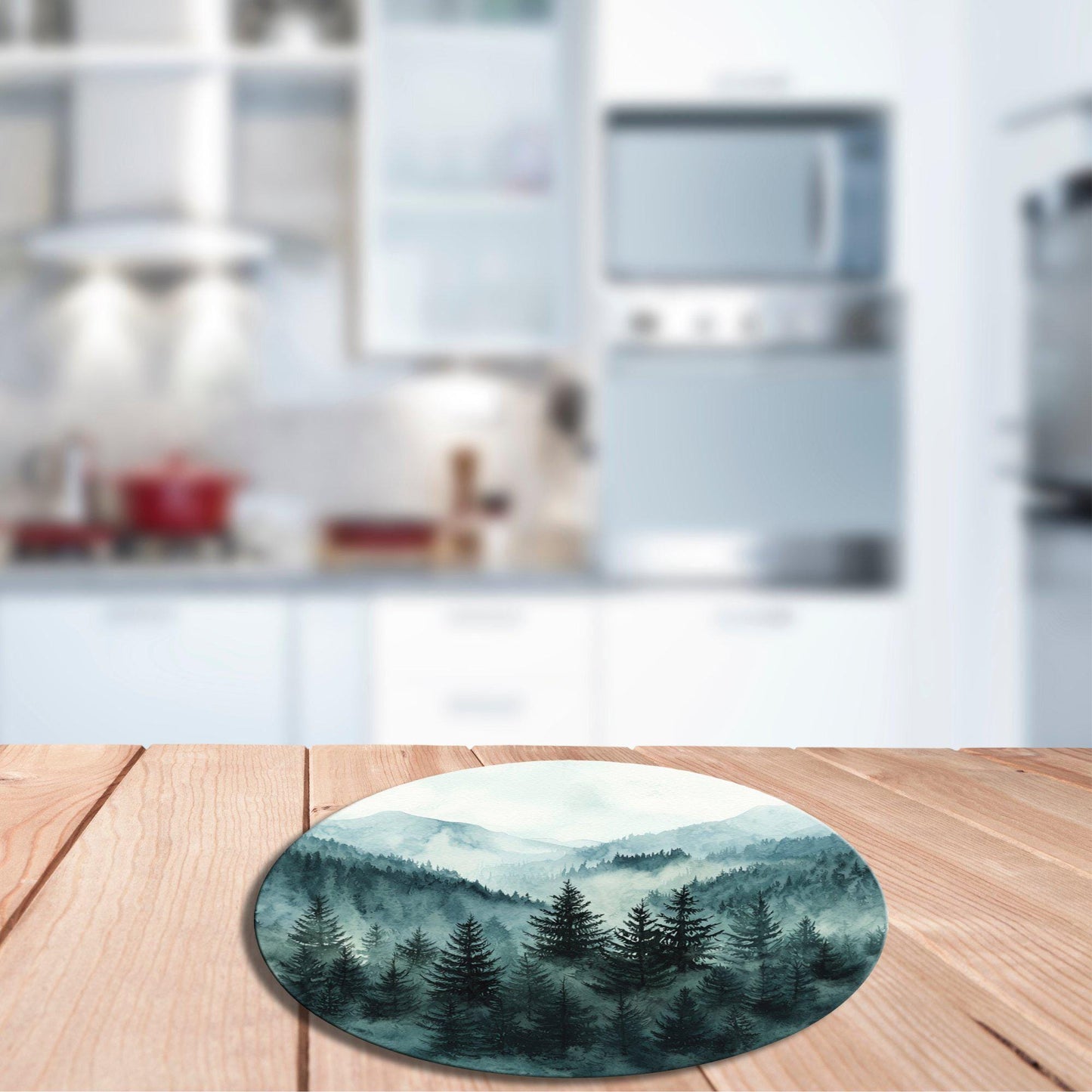 Misty Green Forest Hills Glass Cutting Board 8-inch Round Trivet Charcuterie Board Gift for Her Mom Kitchen Decor