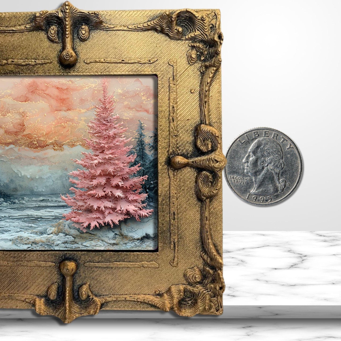 Pink Christmas Tree Gold Framed Refrigerator Magnet, Mini Art, Grand Millennial Style, Artful Kitchen Decor, Gift for Her fridgescaping