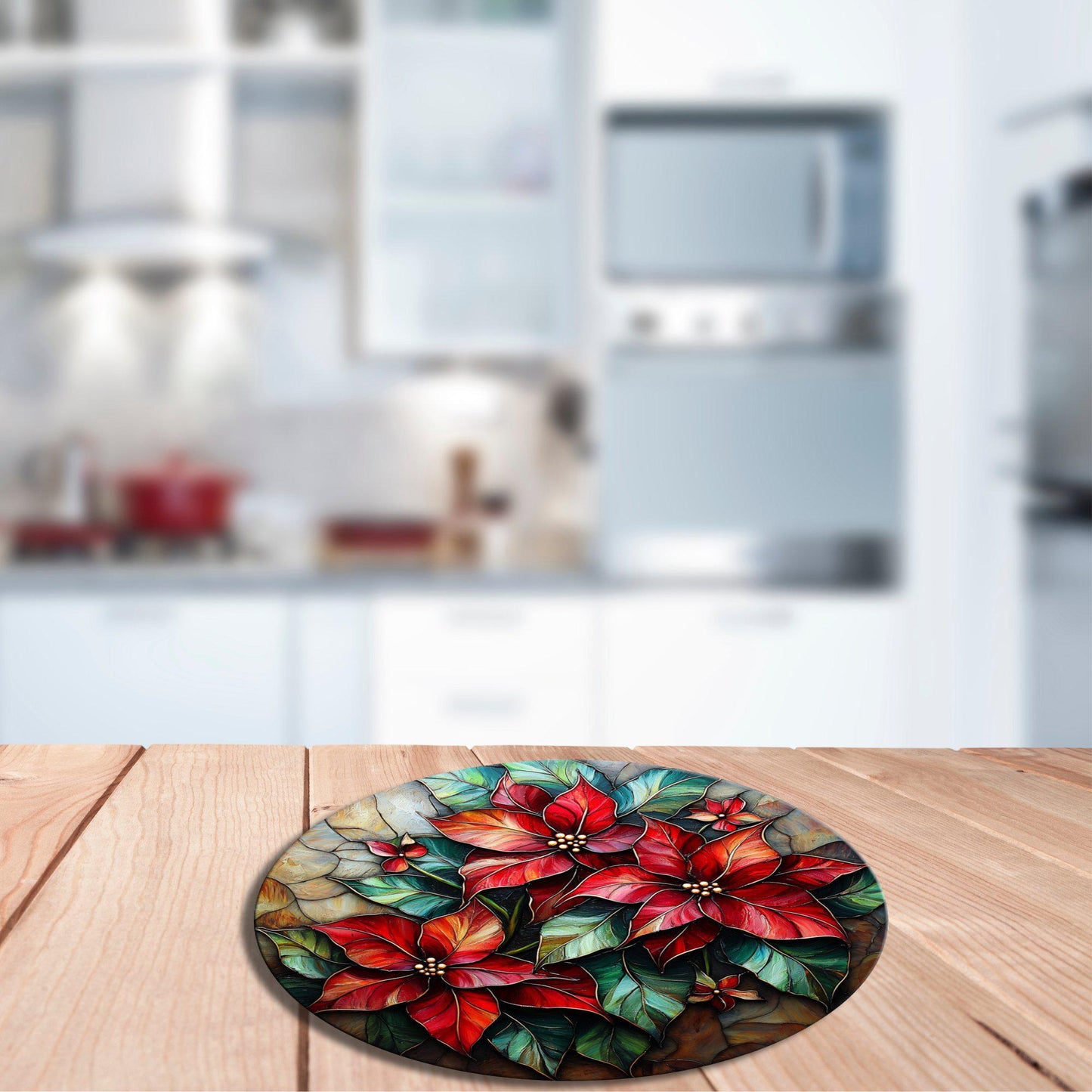 Christmas Floral Glass Cutting Board 8-inch Round Trivet Charcuterie Board Gift for Her Mom Kitchen Decor