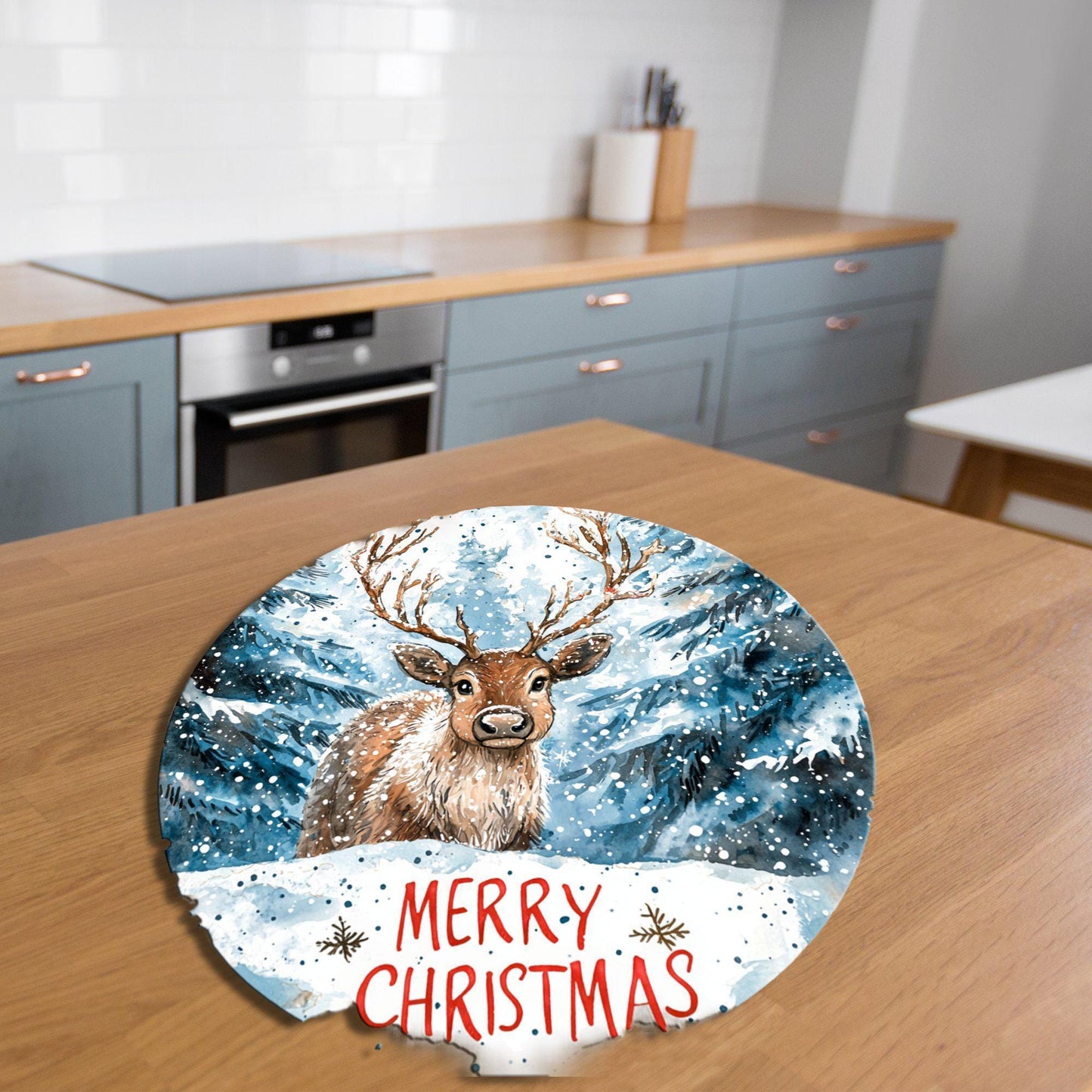 Merry Christmas Reindeer Glass Cutting Board 8-inch Round Trivet Charcuterie Board Gift for Her Mom Kitchen Decor