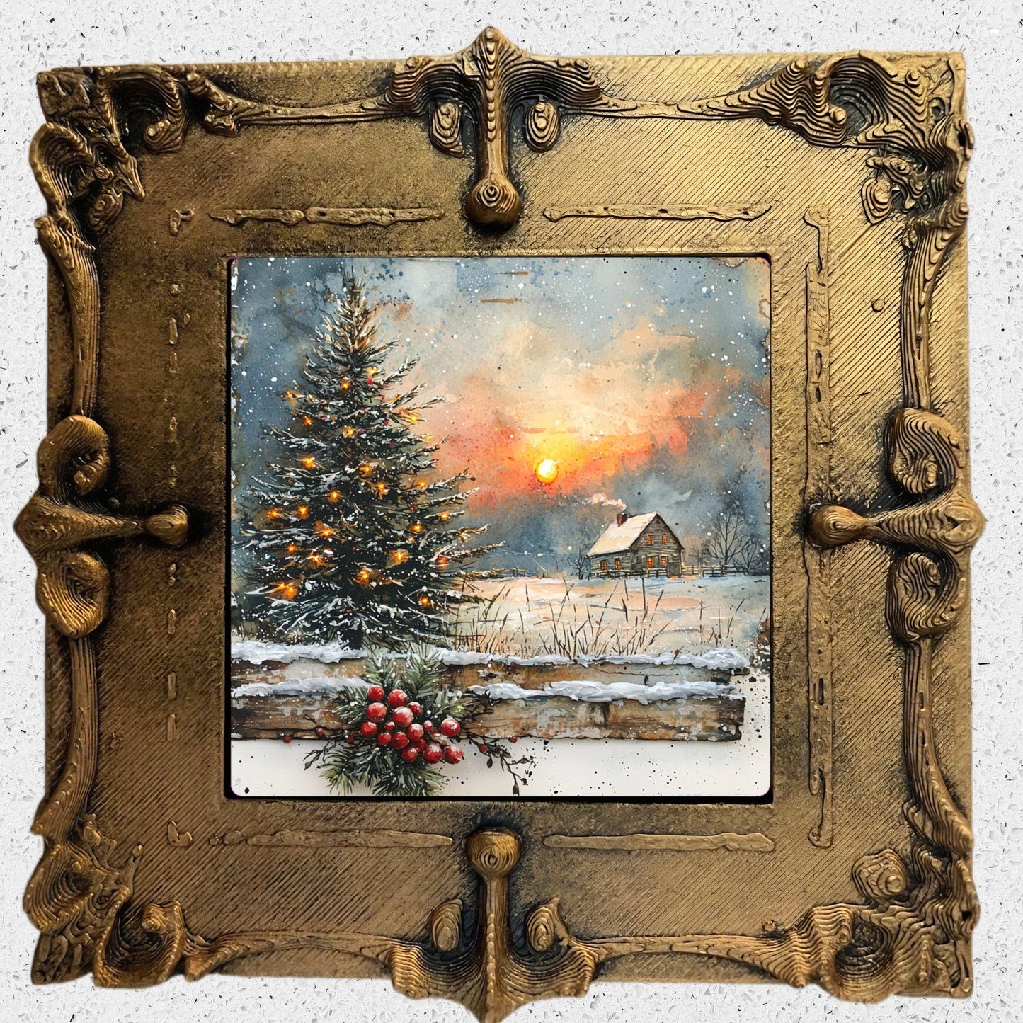 Rustic Farmhouse Christmas Tiny Art Fridge Magnet Gold Framed Fridgescaping Art Picture Gallery Tiny Art Gift for Her Wife Mom