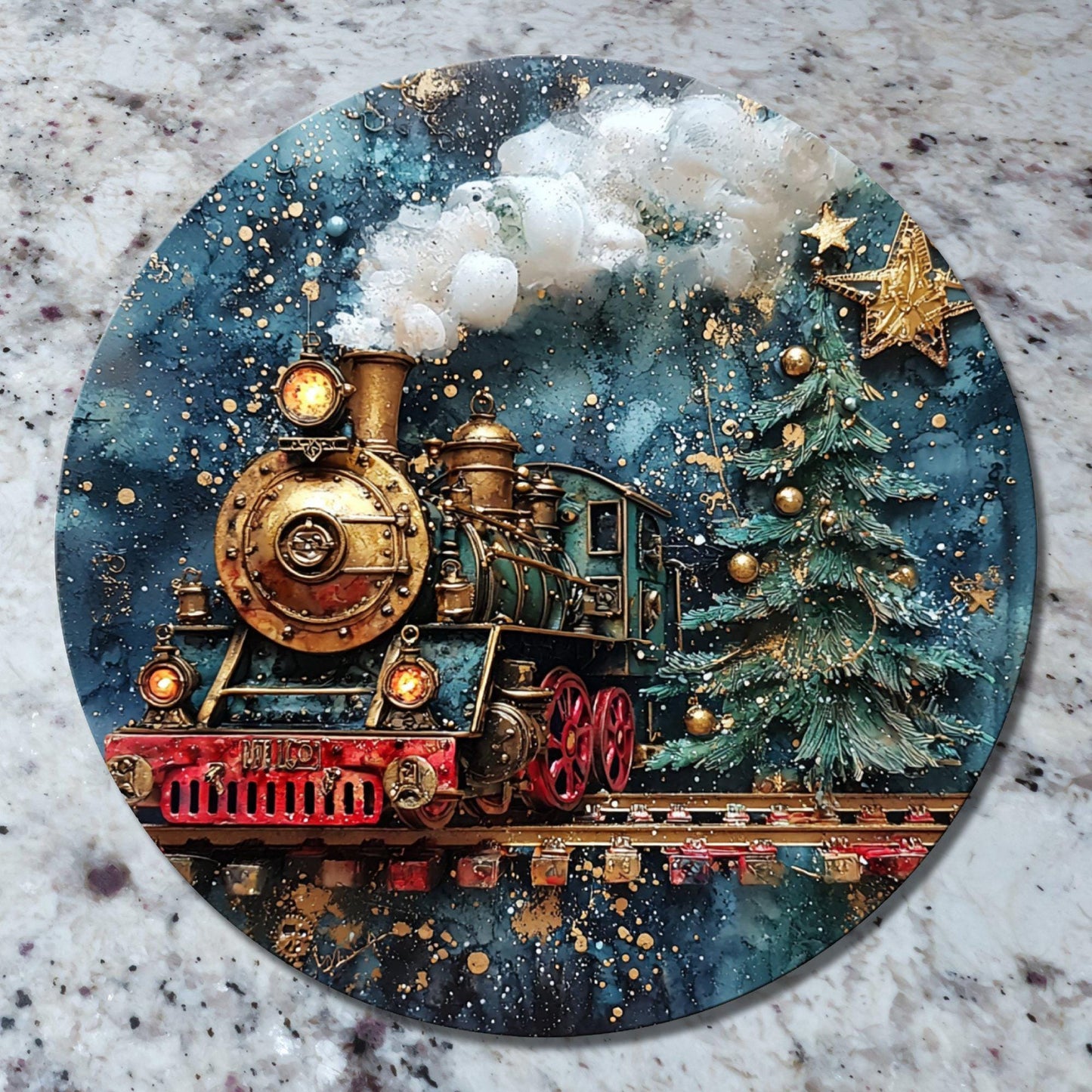 Old Fashioned Christmas Train Glass Cutting Board 8-inch Round Trivet Charcuterie Board Gift for Her Mom Kitchen Decor