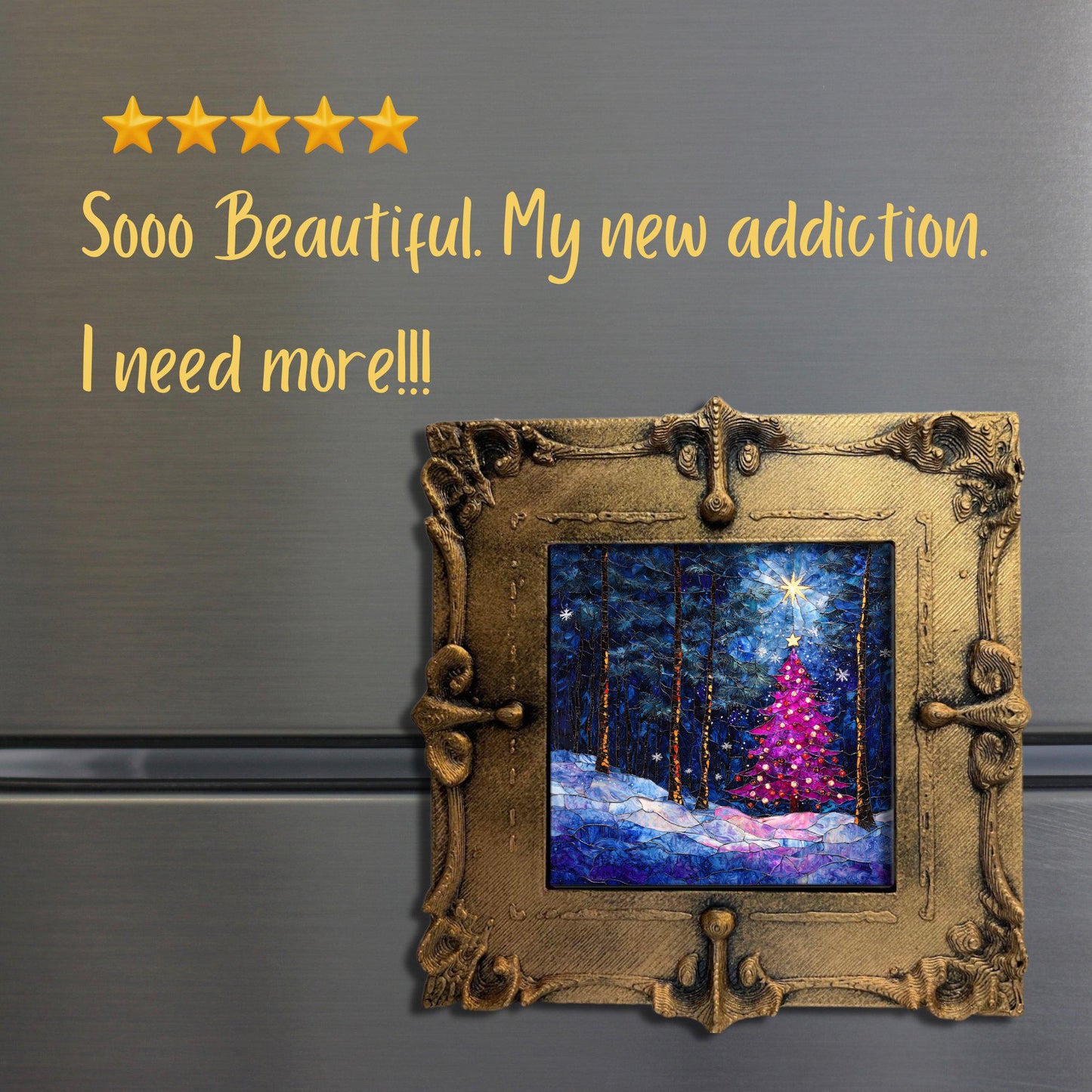 Pink Peaceful Christmas Tree Tiny Art Fridge Magnet Gold Framed Fridgescaping Art Picture Gallery Tiny Art Gift for Her Wife Mom