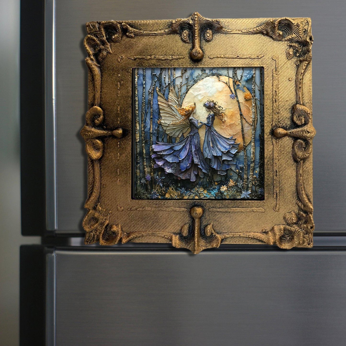 Art Nouveau Winter Fairies Tiny Art Fridge Magnet Gold Framed Fridgescaping Art Picture Gallery Tiny Art Gift for Her Wife Mom Fairycore