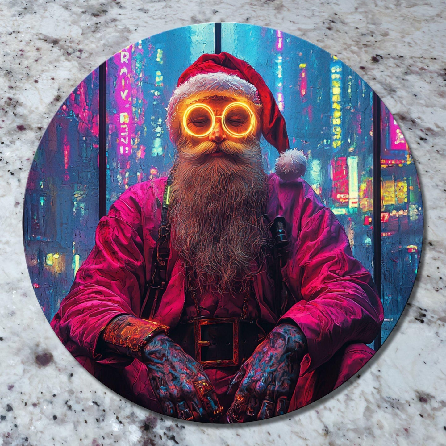 Cyberpunk Santa Glass Cutting Board 8-inch Round Trivet Charcuterie Board Gift for Her Mom Kitchen Decor