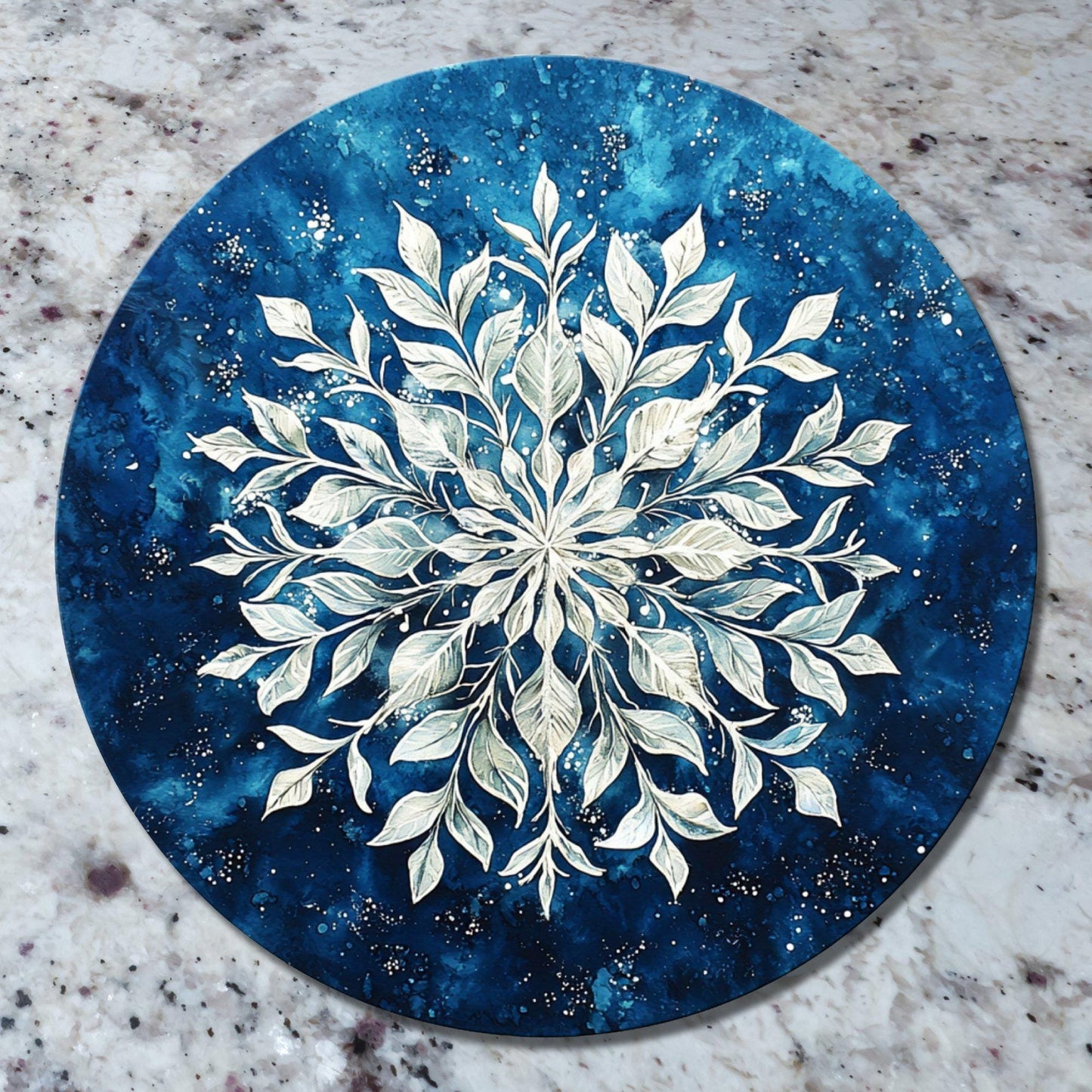 Snowflake on Blue Glass Cutting Board 8-inch Round Trivet Charcuterie Board Gift for Her Mom Kitchen Decor