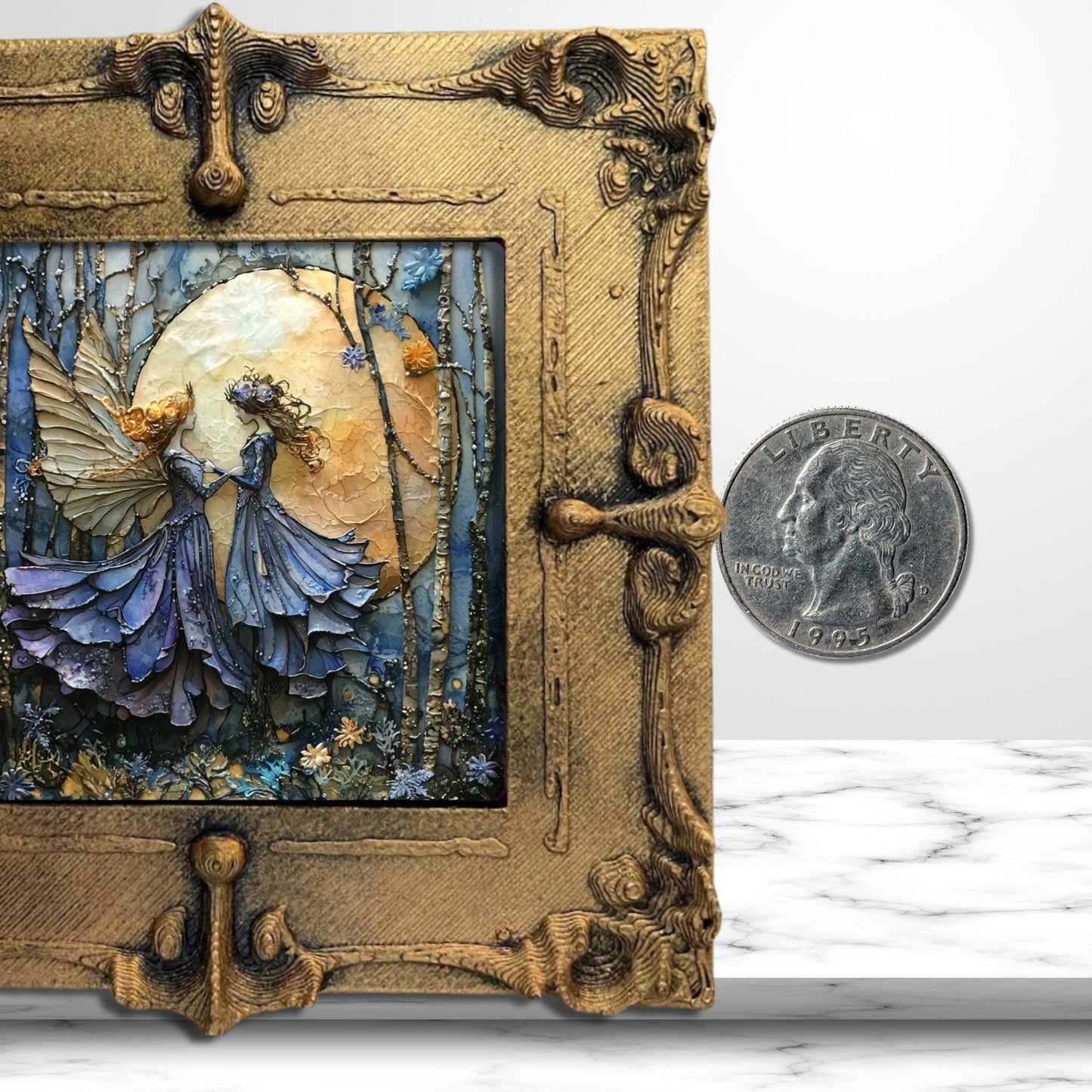 Art Nouveau Winter Fairies Tiny Art Fridge Magnet Gold Framed Fridgescaping Art Picture Gallery Tiny Art Gift for Her Wife Mom Fairycore