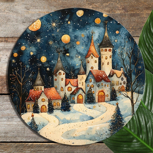 Christmas Village at Night Glass Cutting Board 8-inch Round Trivet Charcuterie Board Gift for Her Mom Kitchen Decor