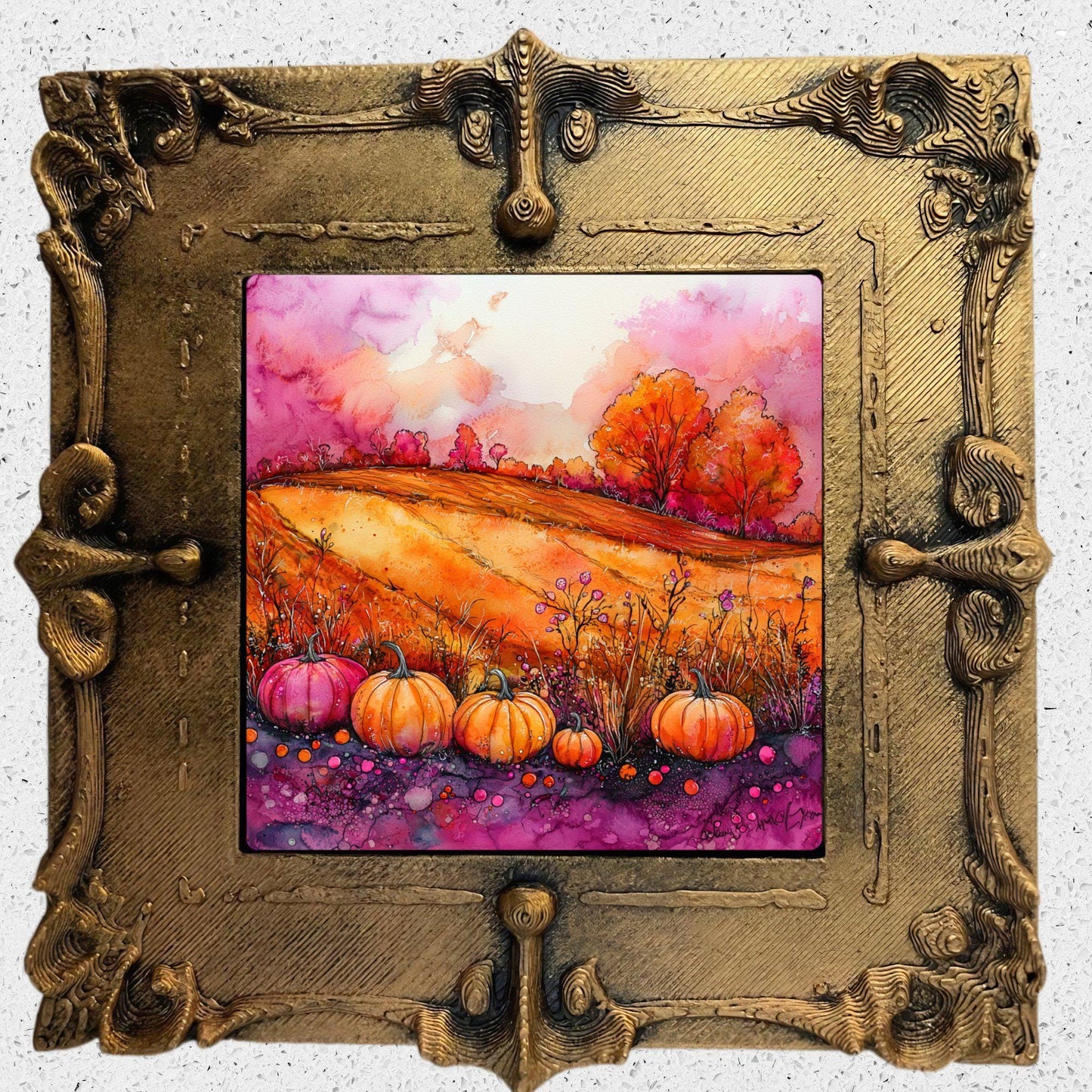 Pumpkins Pink and Orange Gold Framed Refrigerator Magnet, Mini Art, Grand Millennial Style, Artful Kitchen Decor, Gift for Her fridgescaping