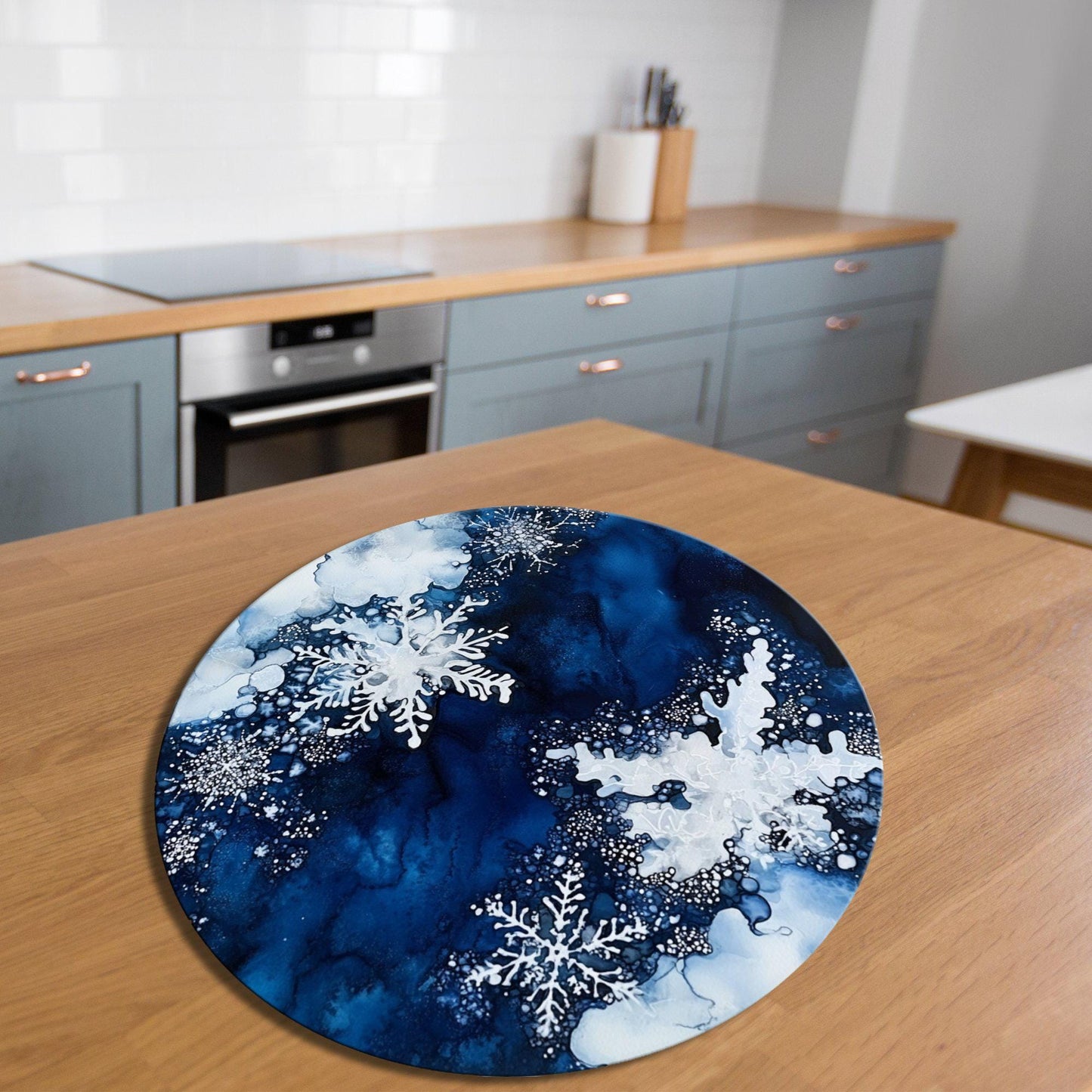 Snowflakes on Deep Blue Glass Cutting Board 8-inch Round Trivet Charcuterie Board Gift for Her Mom Kitchen Decor