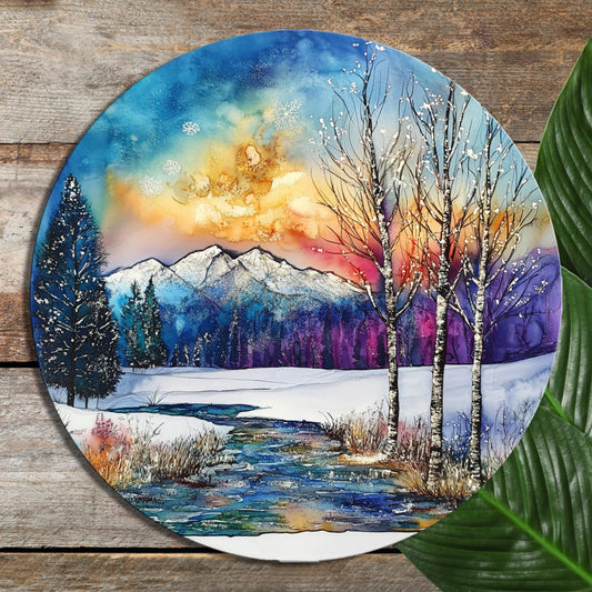 Peaceful Winter Meadow Glass Cutting Board 8-inch Round Trivet Charcuterie Board Gift for Her Mom Kitchen Decor