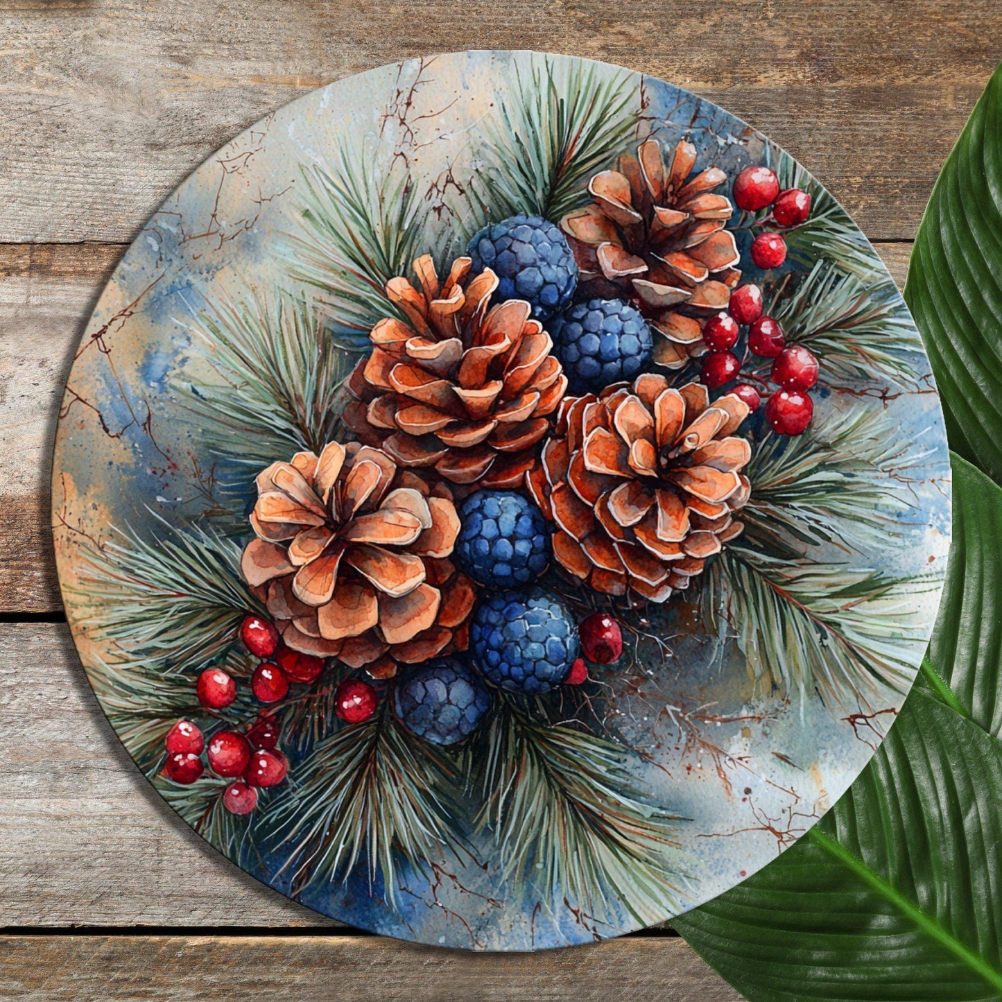 Pinecones Berries Glass Cutting Board 8-inch Round Trivet Charcuterie Board Gift for Her Mom Kitchen Decor