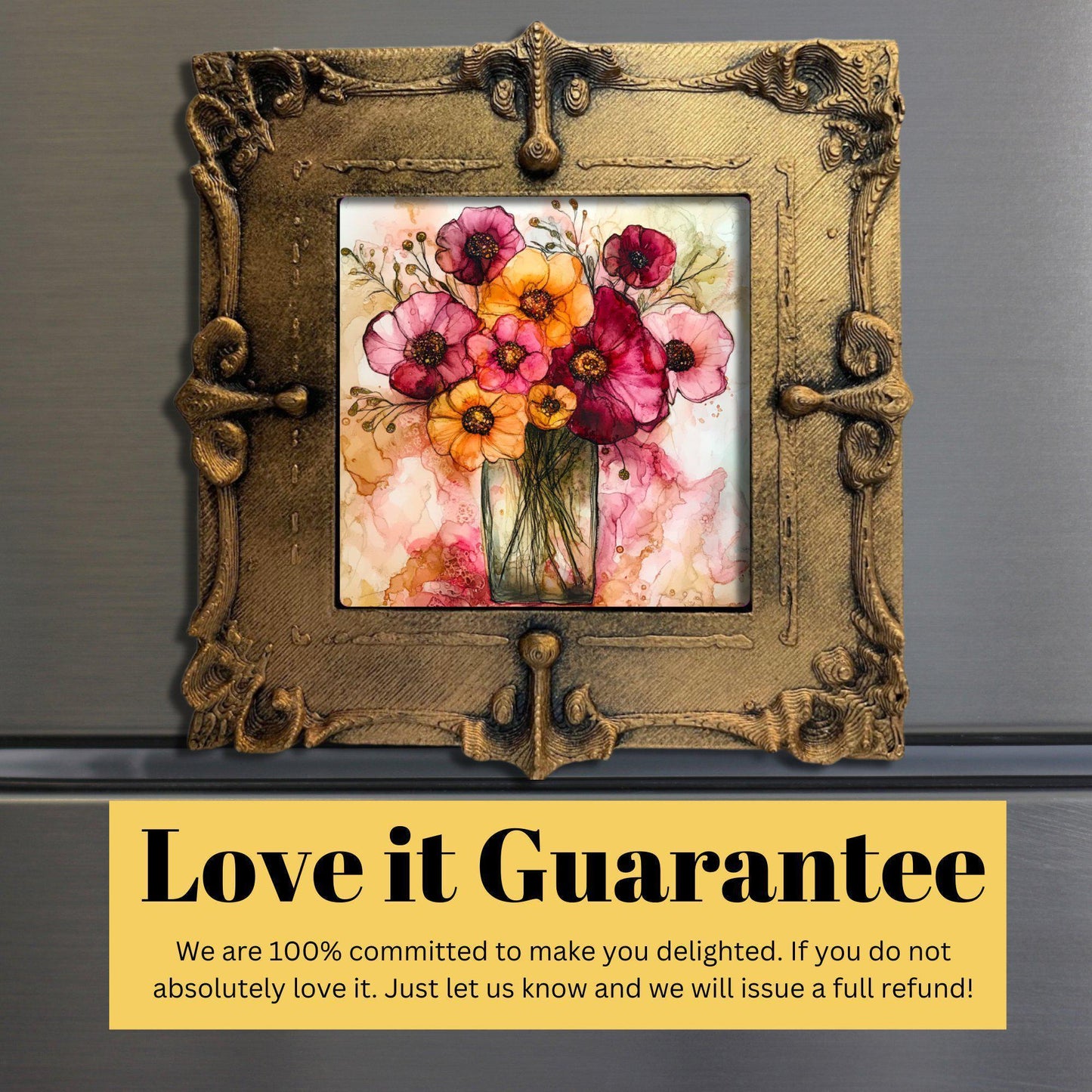 Flowers in a Vase Gold Framed Refrigerator Magnet, Mini Art, Grand Millennial Style, Artful Kitchen Decor, Gift for Her fridgescaping