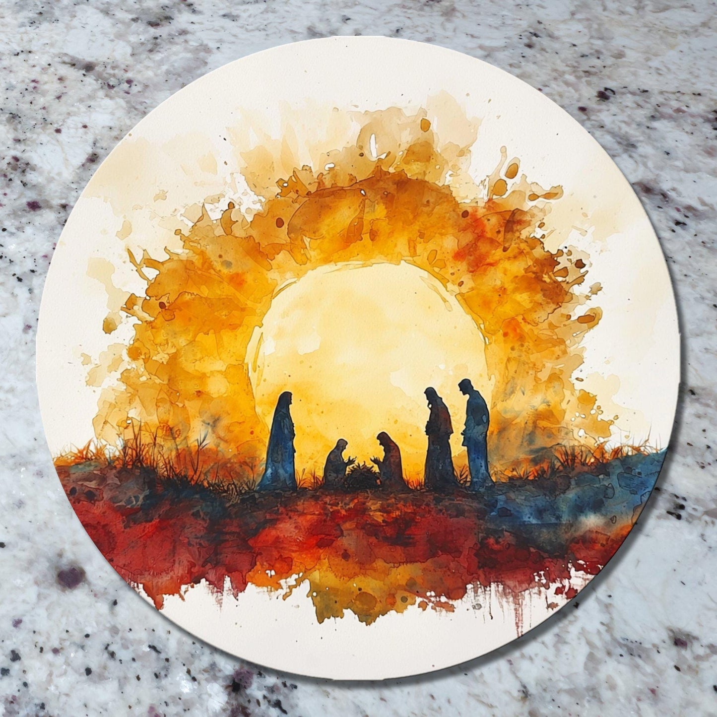 Minimalist Nativity Scene Glass Cutting Board 8-inch Round Trivet Charcuterie Board Gift for Her Mom Kitchen Decor