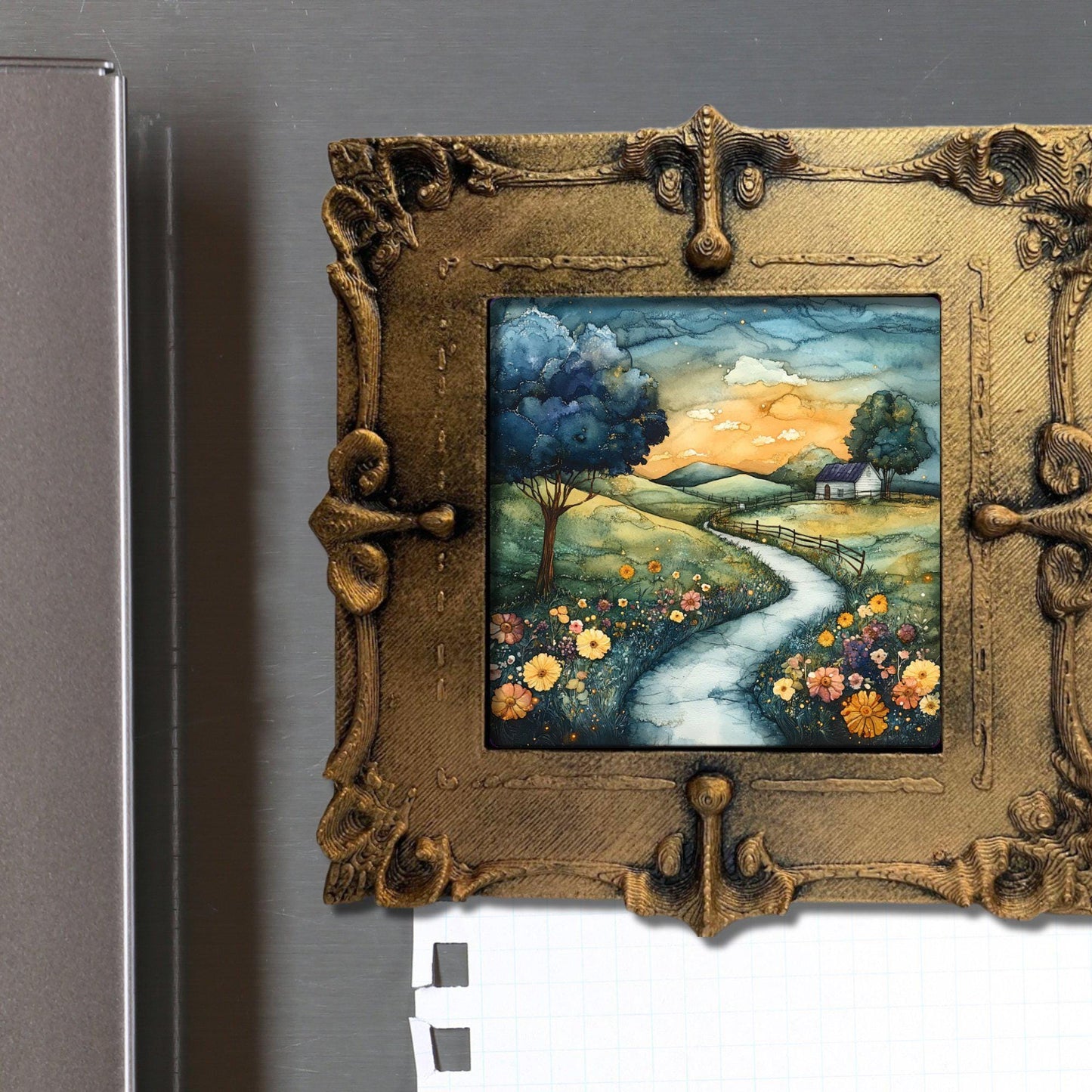 Antique Countryside Gold Framed Refrigerator Magnet, Mini Art, Grand Millennial Style, Artful Kitchen Decor, Gift for Her fridgescaping